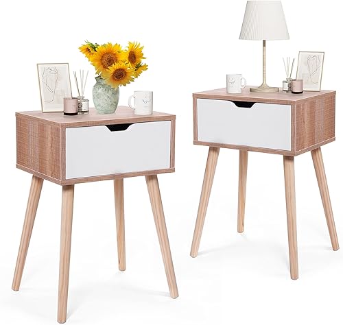 JAXSUNNY Mesitas de noche de mediados de siglo con patas de madera maciza mesitas de noche para dormitorio juego de 2 mesa auxiliar con cajón de
