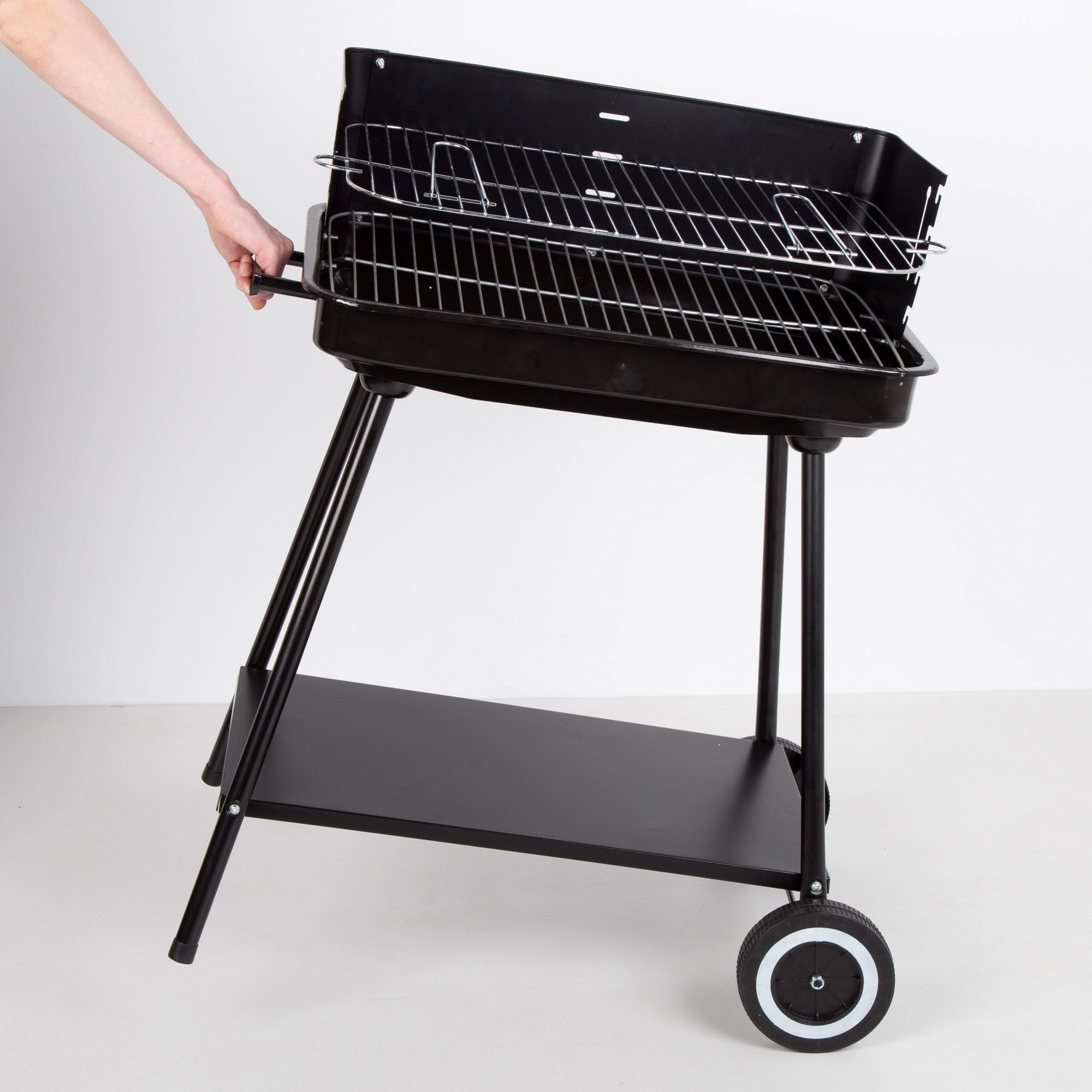 AKTIVE Przenośny grill węglowy, 55x43x82 cm, ze stali nierdzewnej i regulowana 4 wysokości grillowania, wiatroszczelne ściany boczne, taca pomocnicza, 2 koła, uchwyt do przenoszenia (63108)