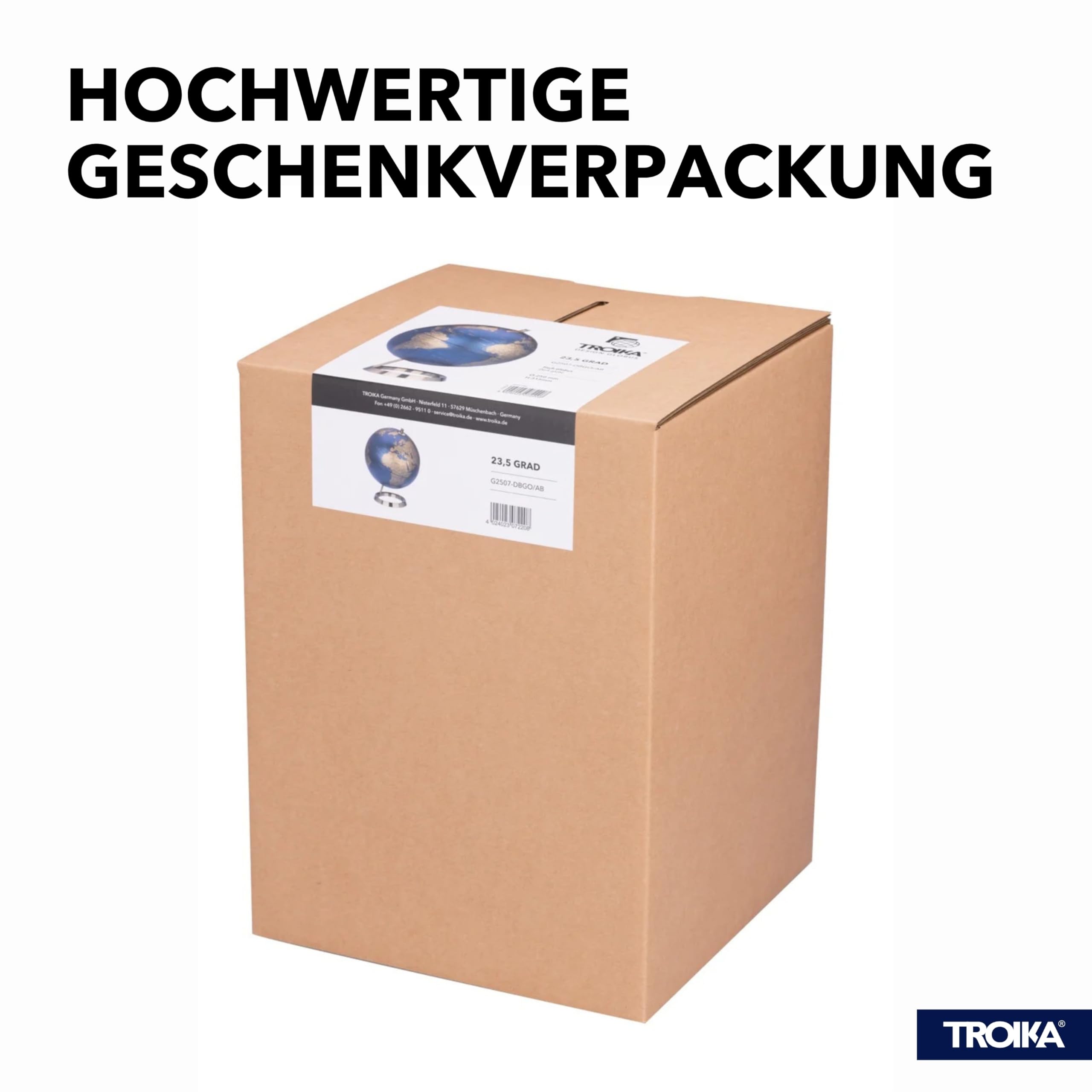 TROIKA Globus 23,5 GRAD matter Globus dunkelblaue Meere & goldfarbene Landflächen Ø 25 echtes Kartenrelief verchromter Metallfuß in gebürsteter Optik, weicher Filzboden