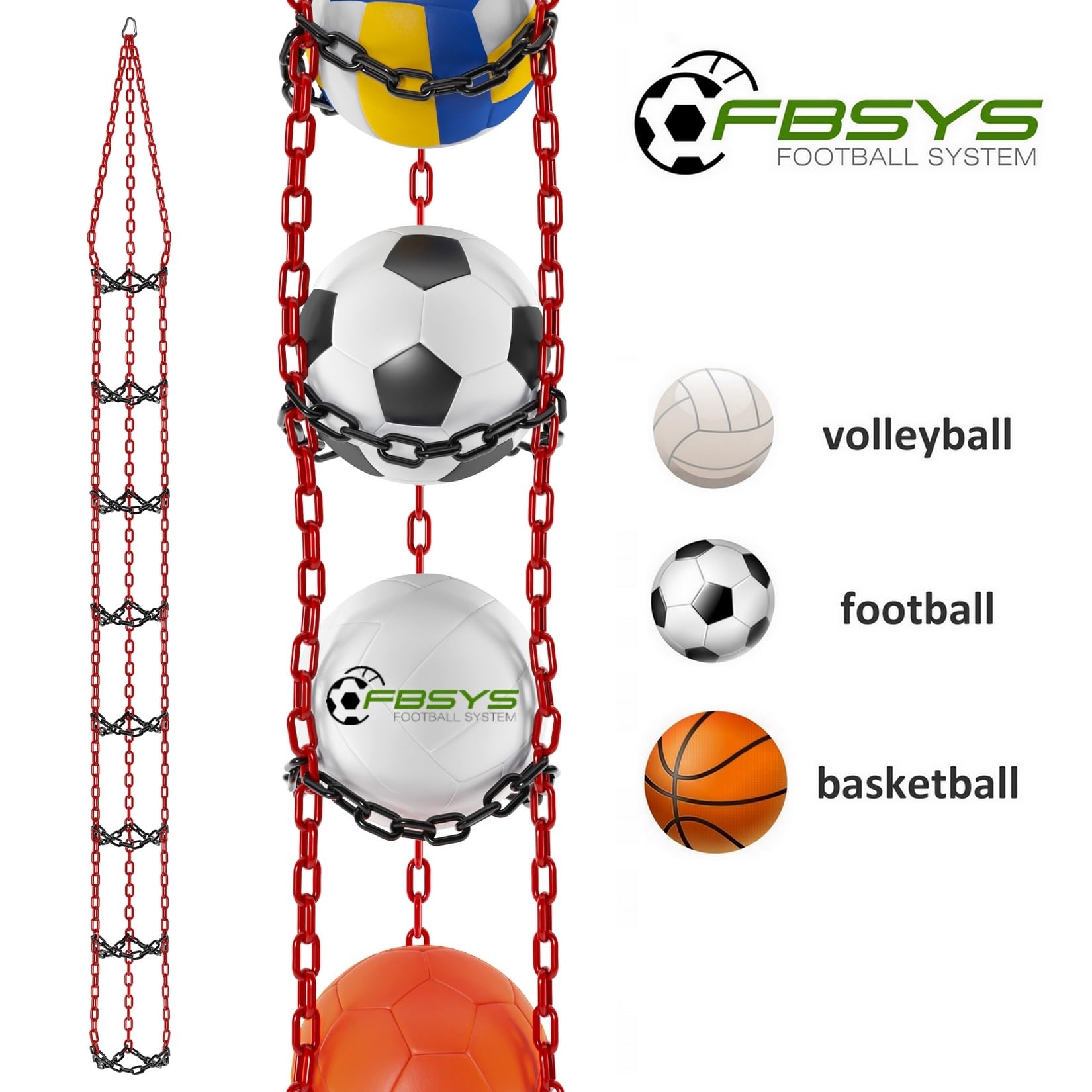 Ballhalter - 8 Bälle Aufhänger (Basketball, Fußball, Volleyball) - Organizer - Ballnetz - Rot-Schwarz