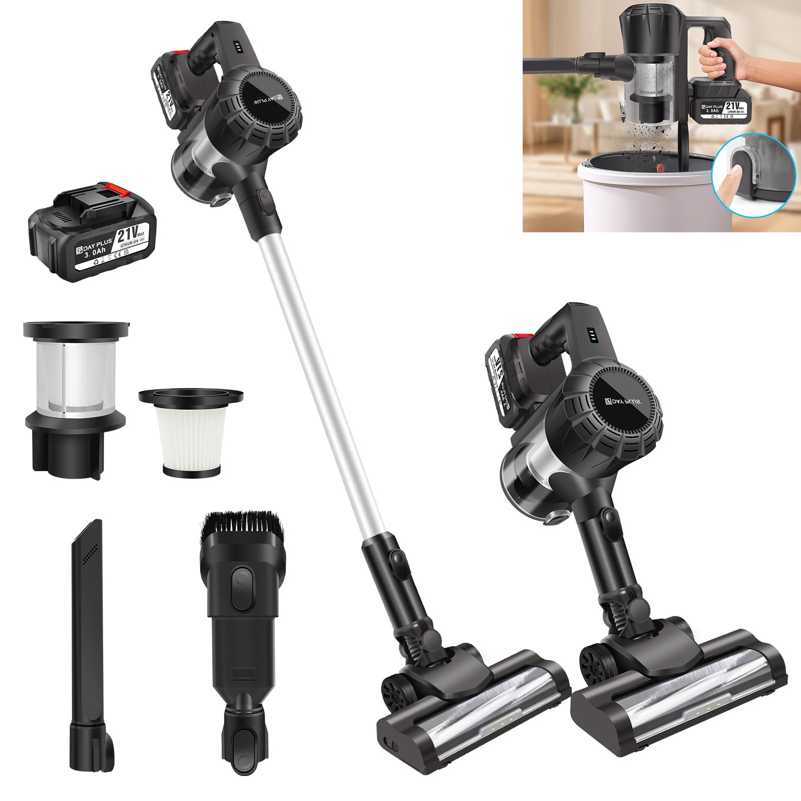 Aspirador de dos velocidades con LED, inalámbrico, con batería y soporte de pared, aspiradora de mano recargable para suelos de madera dura, alfombras, sofás y pelo de mascotas