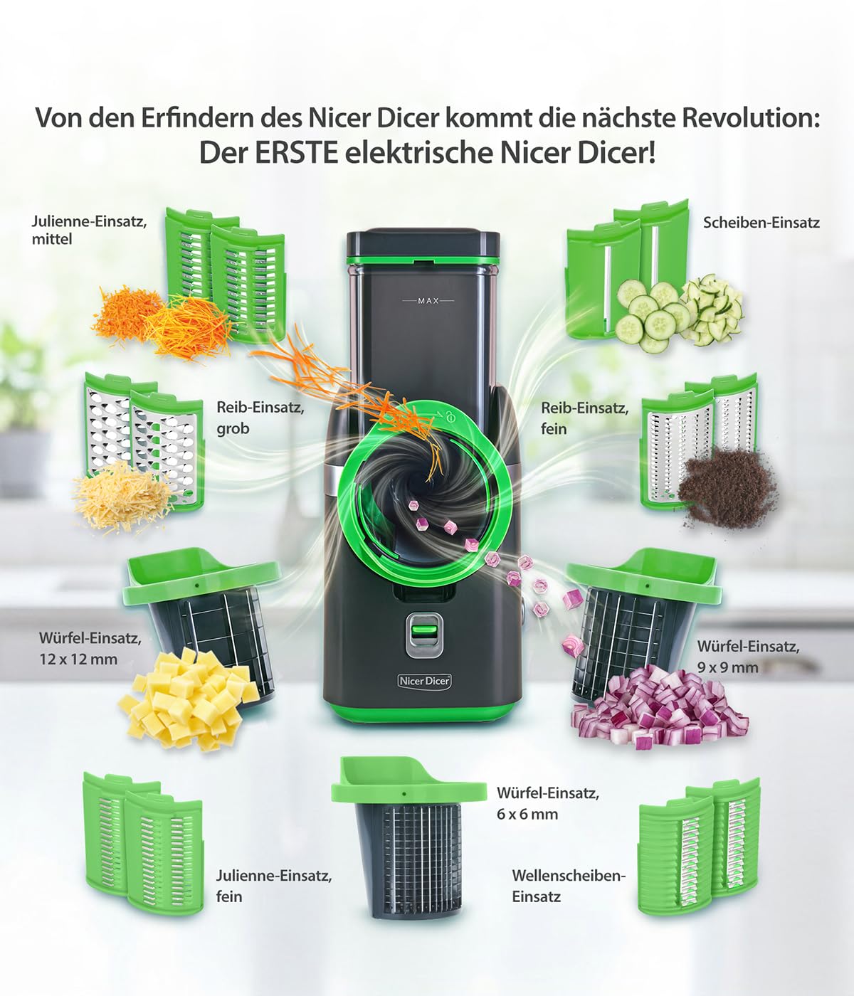 Nicer Dicer Electro Gemüsehobel elektrisch Deluxe Set 32 tlg, Gemüseschneider automatisch, Käsereibe für Gemüse, Obst, Nüsse, 9 Extrascharfe Einsätze, Einfache Reinigung, Leistungsstark