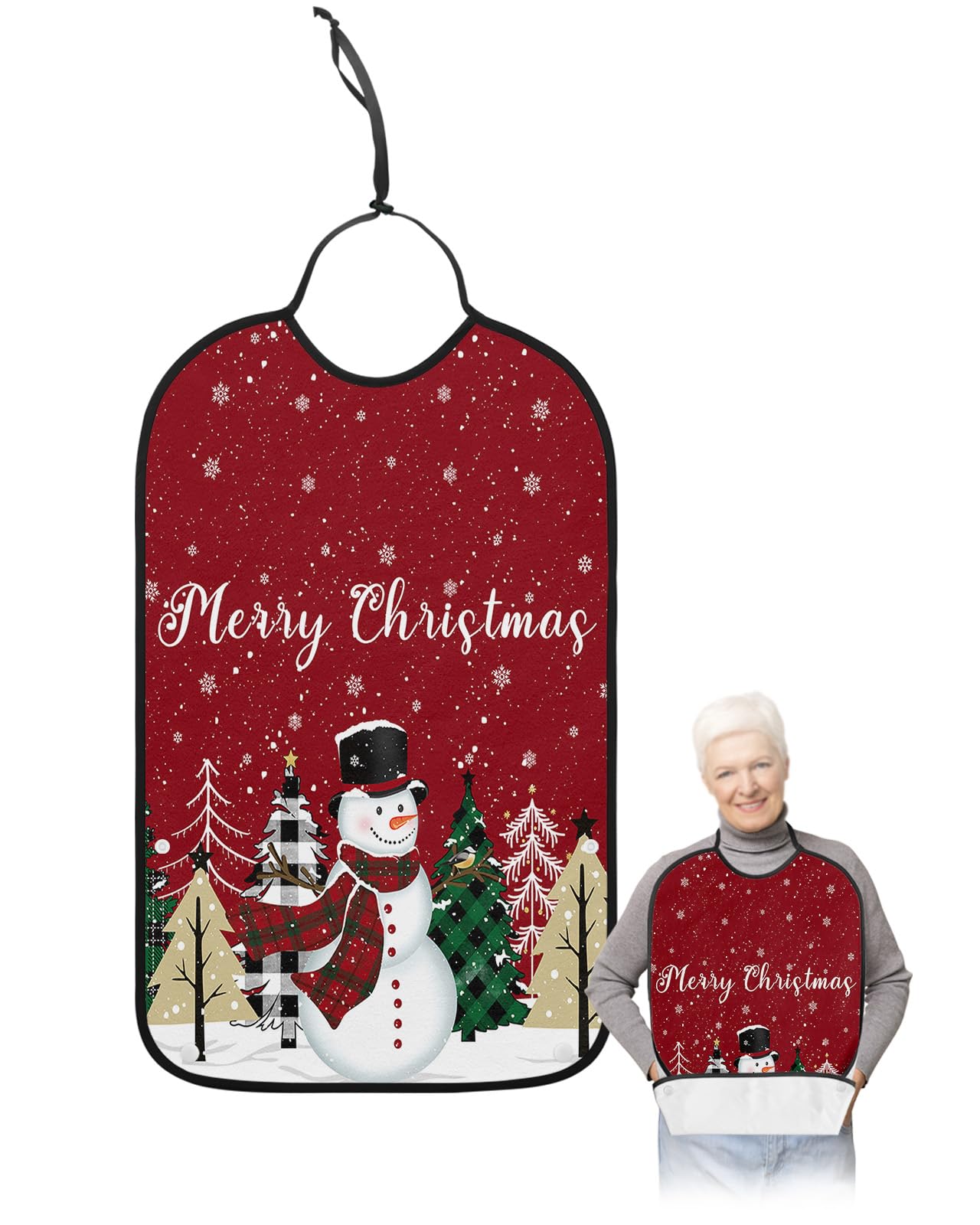 Snowman Red Christmas Adult Bibs for Eating, Waterproof Bibs with Food Catcher & Adjustable Snap Closure, Winter Snowflake Xmas Tree Washable Clothing Protectors Adult Bibs for Elderly Women/Men