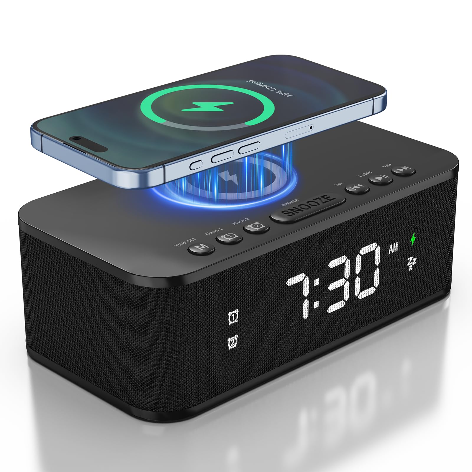 Fansbe Direct Digital Alarm Clock White Noise Loud Digital Alarm Clocks Bedrooms Alarm Clock Speaker Wireless Charger AUX