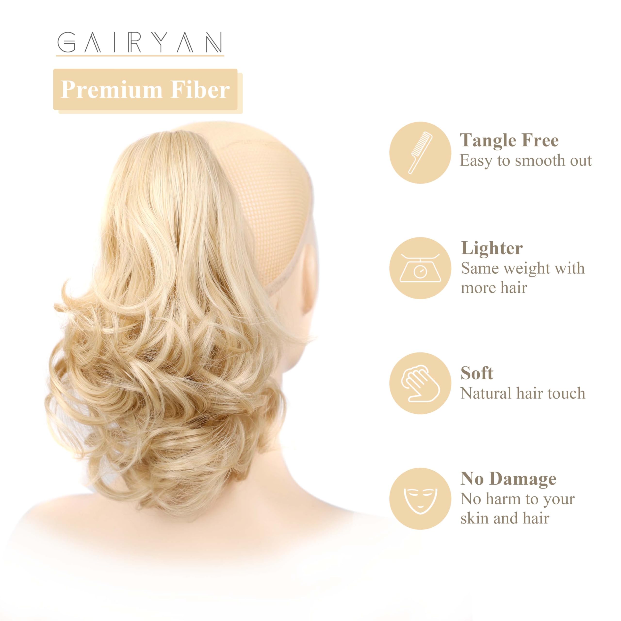 Gairyan 10" Clip in Ponytail Hair Extensions Curly Ponytail Extension Claw on Pony tails Wavy Synthetic Hairpieces for Women Real Natural Short Wave Dirty Blonde mix Bleach Blonde - Image 3