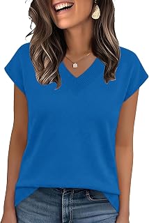 Rapbin Womens Summer V Neck Cap Sleeve Sweaters Loose Casual Pullover Tops | Summer Short Sleeve Tops,V Neck Lightweight Pullover Sweaters,Loose Dressy Casual Blouse,Basic Clothes,Business Casual Tops