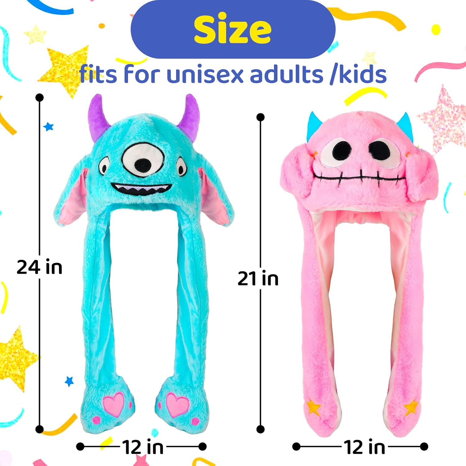 2 Pack Ear Moving Monster Hat Plush Animal Ears Jumping up Hat Two Style Halloween Christmas Cosplay Novelty Party Cap for Adult Women Kids,Pink and Blue Color - Image 2