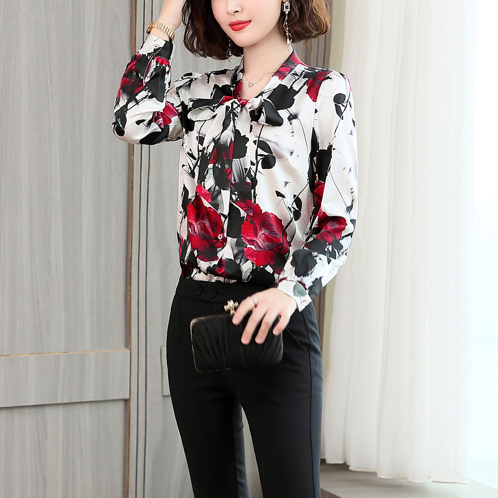 E-girl Blusa de seda para mujer con estampado de botones camisas blusa de manga larga corbata blusa de seda S1912-1
