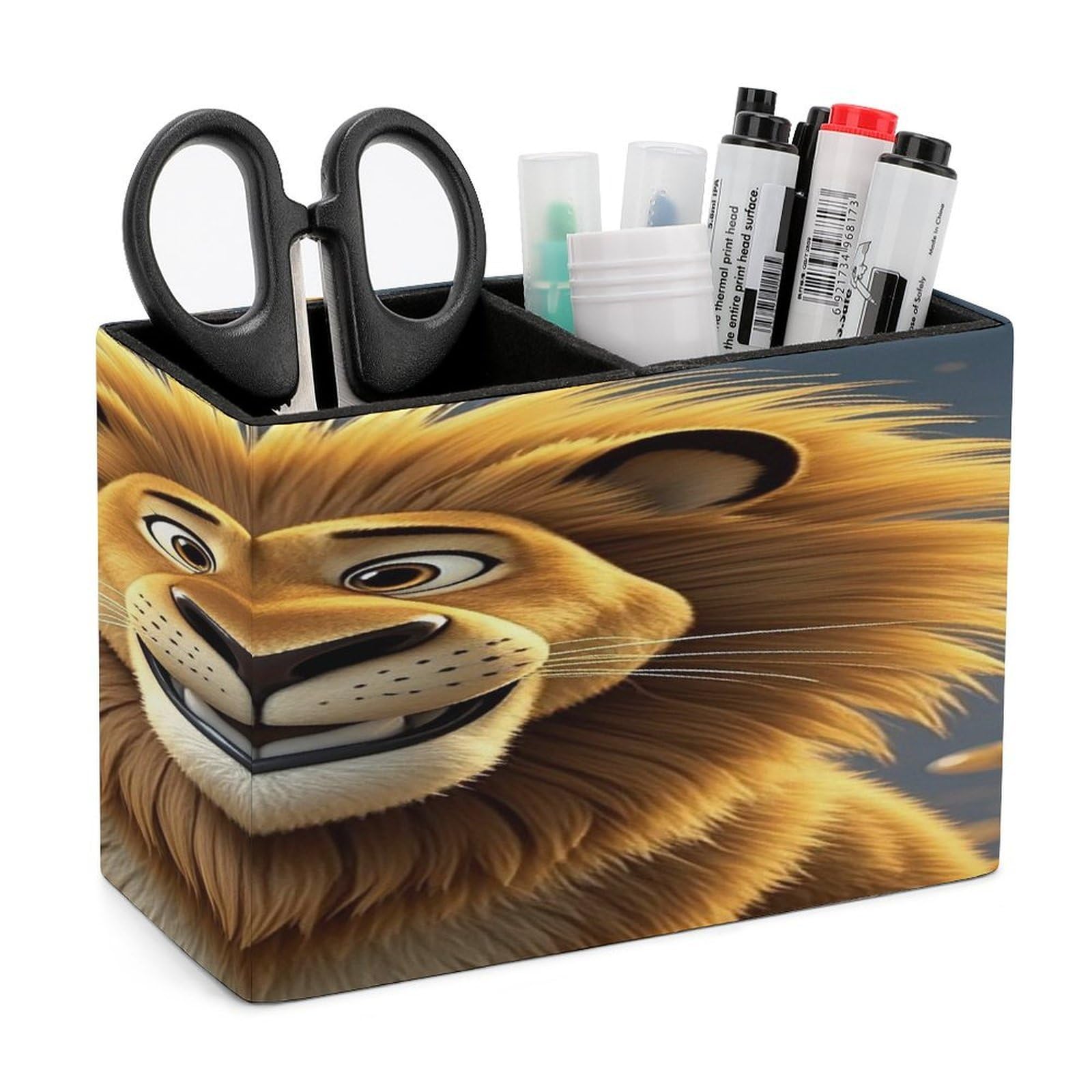 VstaDank Cute Cartoon Lion Pen Holder Double Compartments Pen Cup Fashion Makeup Brush Holders Leather Pencil Holder for Work Locker Accessories Modern Pencil Cup for Desk Organizer
