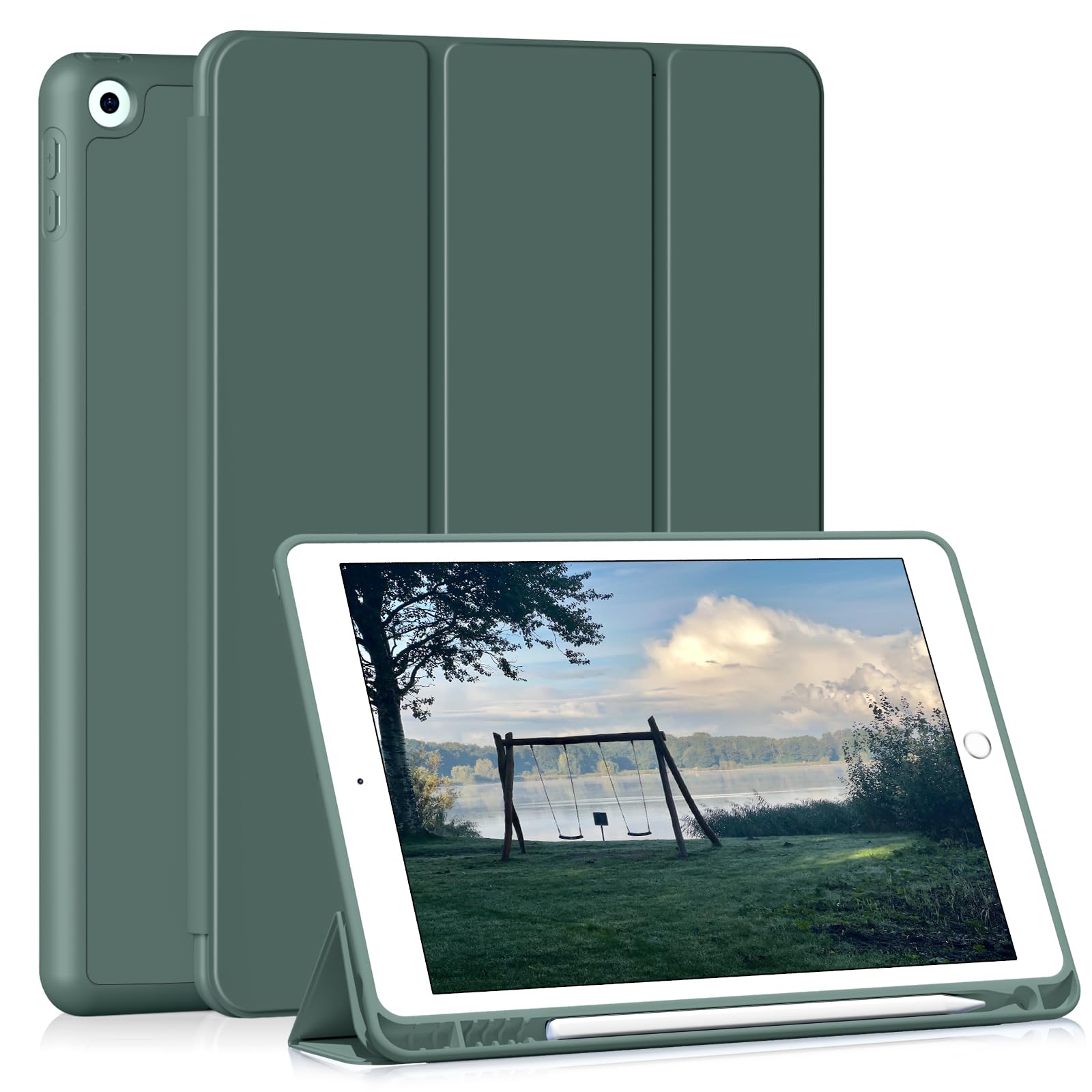HMTDIYOU Hülle für iPad 9. 8. 7. Generation, Hülle mit Stifthalter für iPad 9/8/ 7 2021/2020/ 2019 10,2 Zoll, Weiche Silikon Schutzhülle, Automatisches Schlafen/Aufwachen, Grün