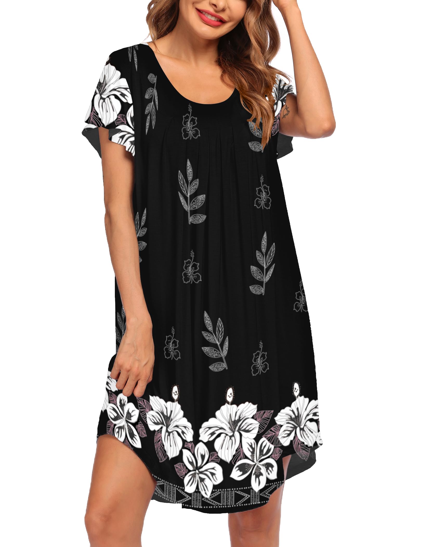 Ekouaer Womens Nightgown Soft Sleepwear Pleated Sleepshirt Sleep Dress Short Sleeve Nightdress S-3XL