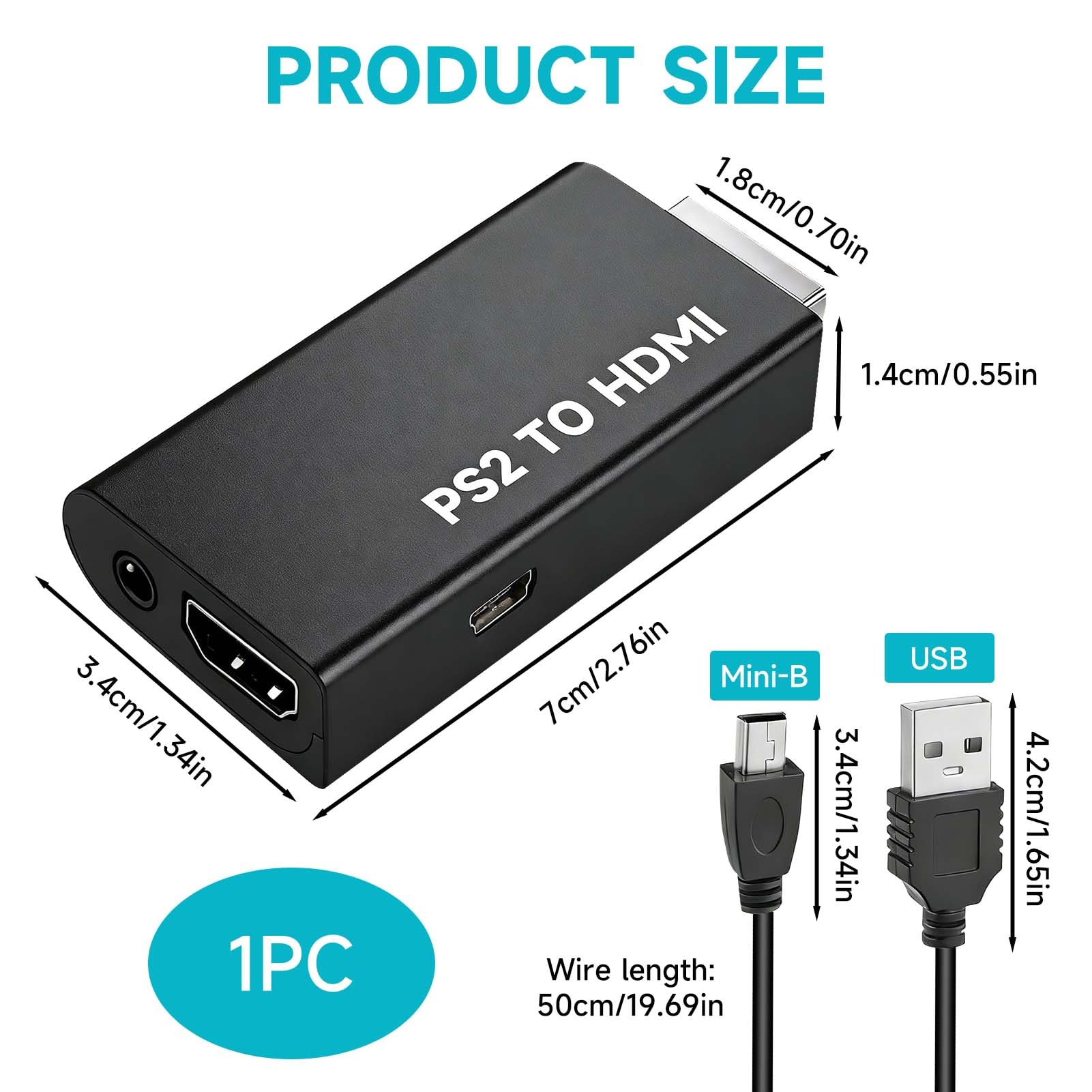 Dewlawn Adaptador PS2 a HDMI con Audio de 3,5 mm, Convertidor PS2 a HDMI para PS2 50000 70000 80000, Adaptador de Vídeo y Audio para HDTV, Monitor Juegos, Modos 480i/480p/576i — view 2