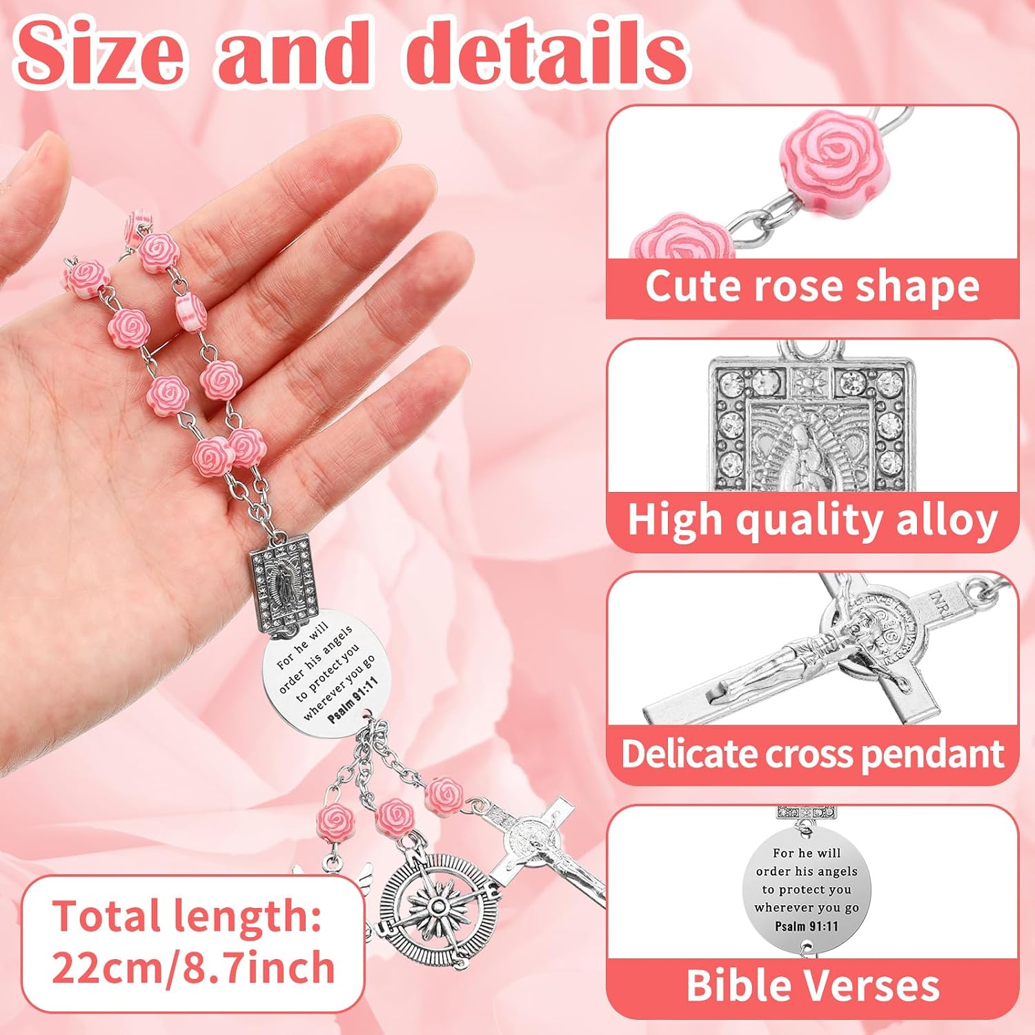 Quelay Car Rosary for Rearview Mirror Cross Car Charm Rosary for Mirror Hanging Psalm 91: 11 Bible Verse Charm Bracelets Religious Gifts New Driver Guardian Angel Gift for Women