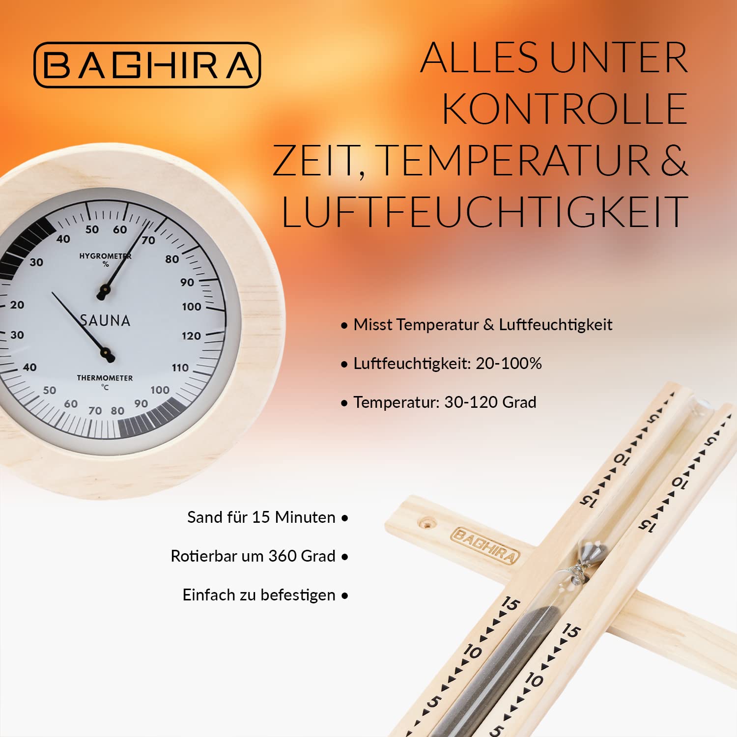 BAGHIRA Lot de 5 seaux de sauna en pin - Avec insert en PVC - Seau de sauna avec truelle, sablier, thermomètre et hygromètre