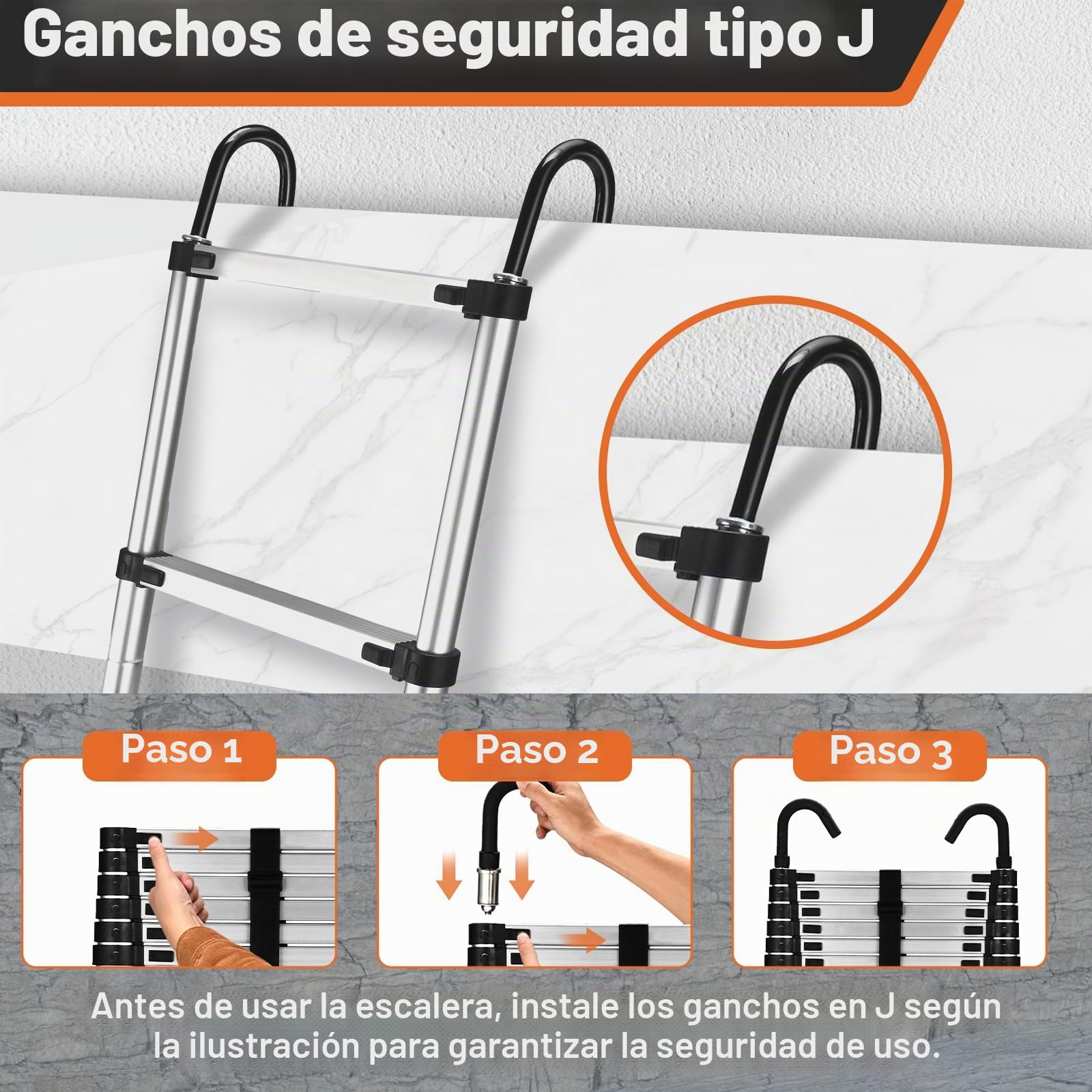 Escalera telescópica de 3.2 m con Ganchos y pies Antideslizantes, Escalera Plegable de Aluminio Ligero para altillos, Casas rodantes, Exteriores e Interiores, Capacidad de Carga de 150kg.Argentato