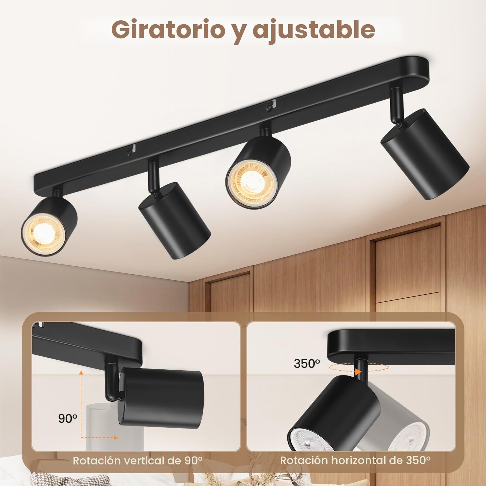 Focos Techo, GU10 Lámpara de Techo con 4 Focos, Lámpara de Pared Interior LED Negro Orientables, Modernas Focos para el Techo para Salon, Dormitorio, Cocina, Pasillo, Sin Bombilla