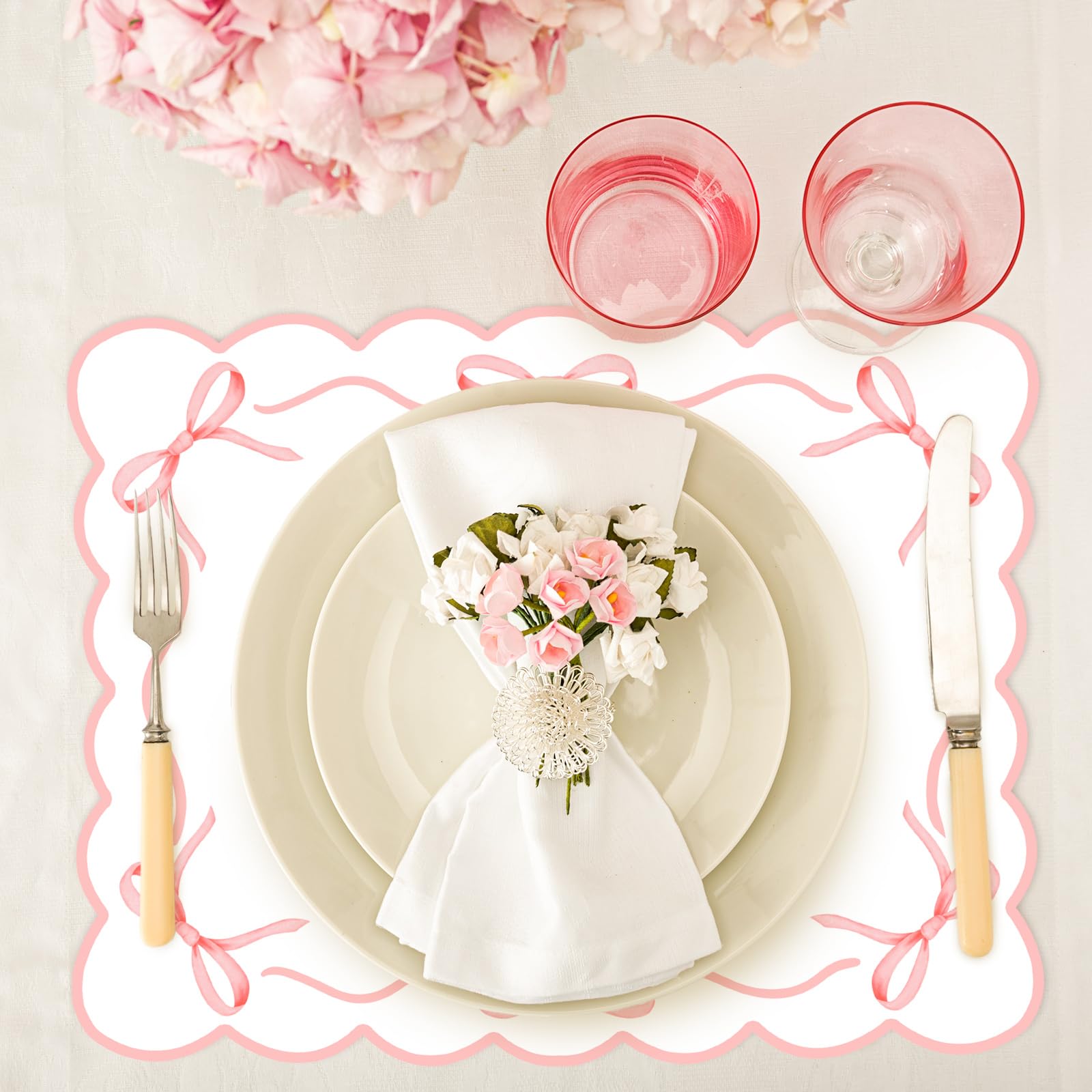 JarThenaAMCS 50 hojas de mantel individual de papel con lazo rosa festoneado con lazo, bonito mantel individual desechable para mesa de cena de despedida de soltera, 16.5 x 12.9 pulgadas