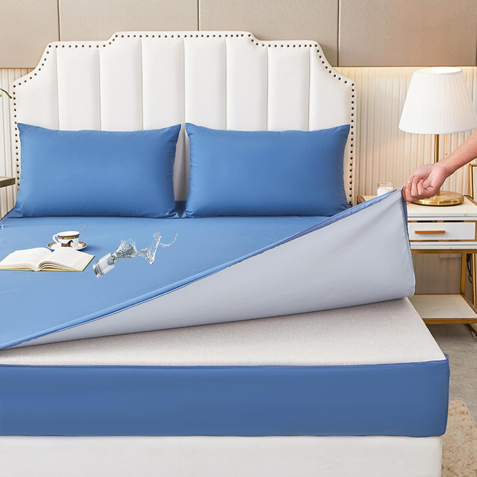 Sábana Ajustable con Cremallera, Protector de colchón, Impermeable, Transpirable, Antipolvo, Lavable, Funda de protección Total, Azul A-120 x 190 + 25 cm
