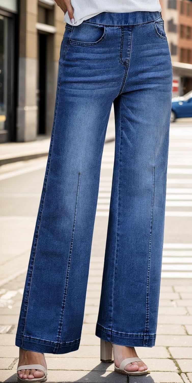 BestGirl Women's Baggy Jeans Pull On Stretchy Loose High Waisted Wide Leg Denim Pants Y2K 90s - Image 3