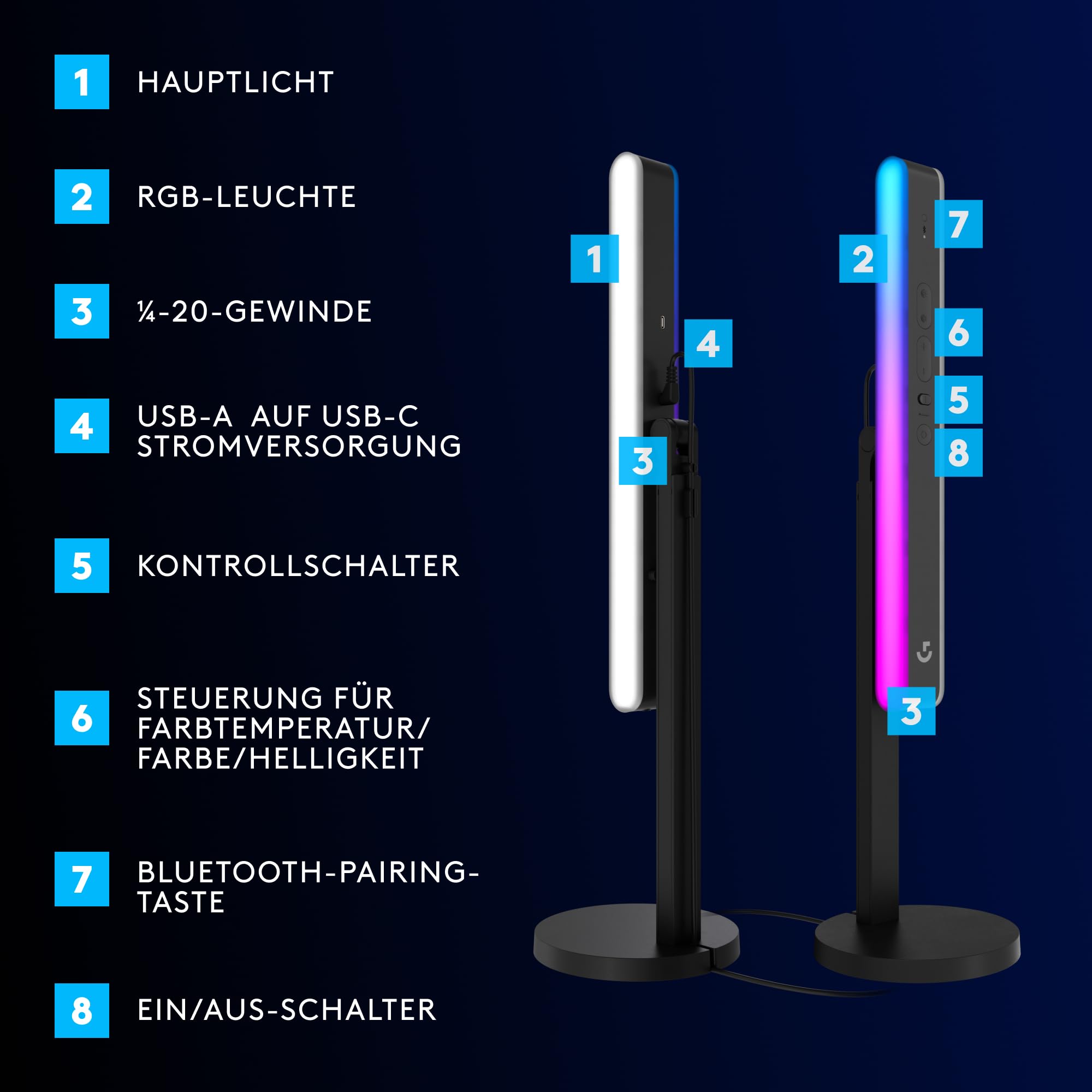 Logitech G Litra Beam LX doppelseitiges Premium-RGB-LED-Streaming-Hauptlicht mit TrueSoft, für Streaming und Broadcasting, LIGHTSYNC, Bluetooth, USB, PC/Mac – Grafit