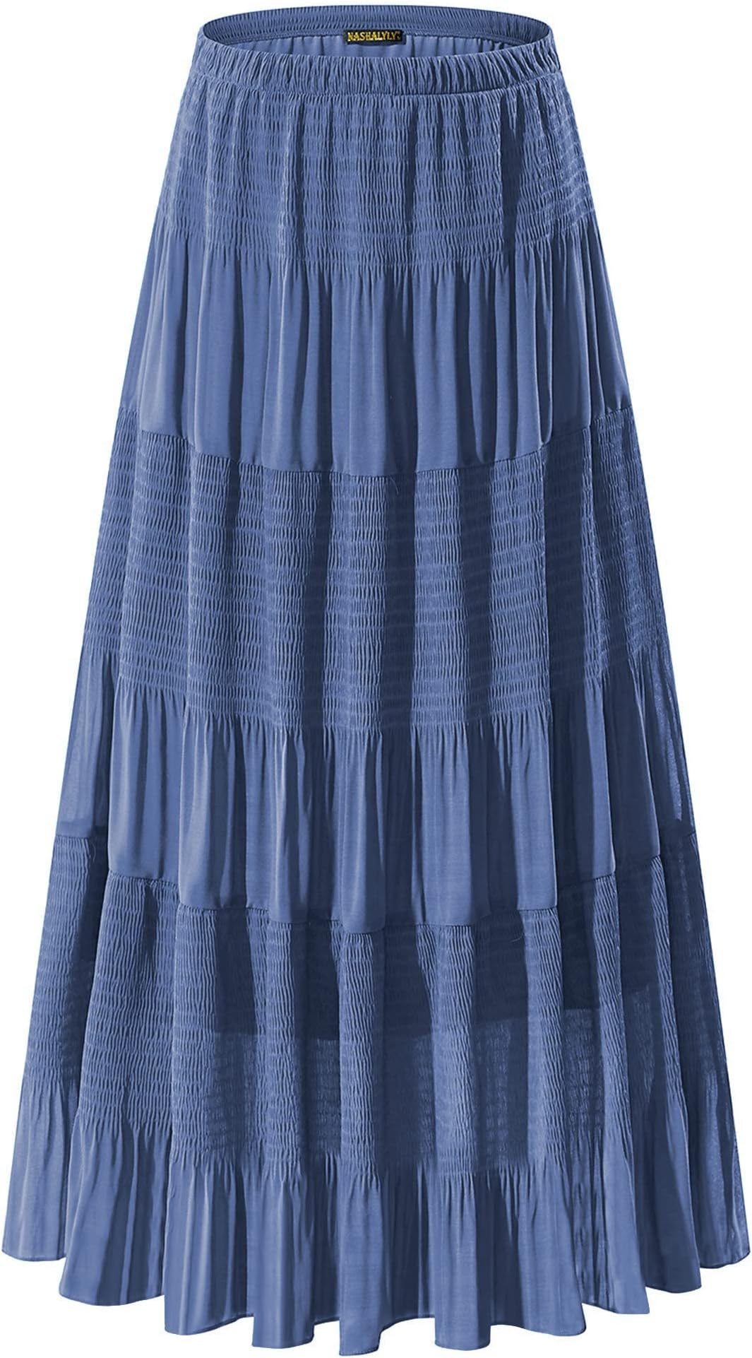 NASHALYLY Women's Chiffon Elastic High Waist Pleated A-Line Flared Maxi Skirts