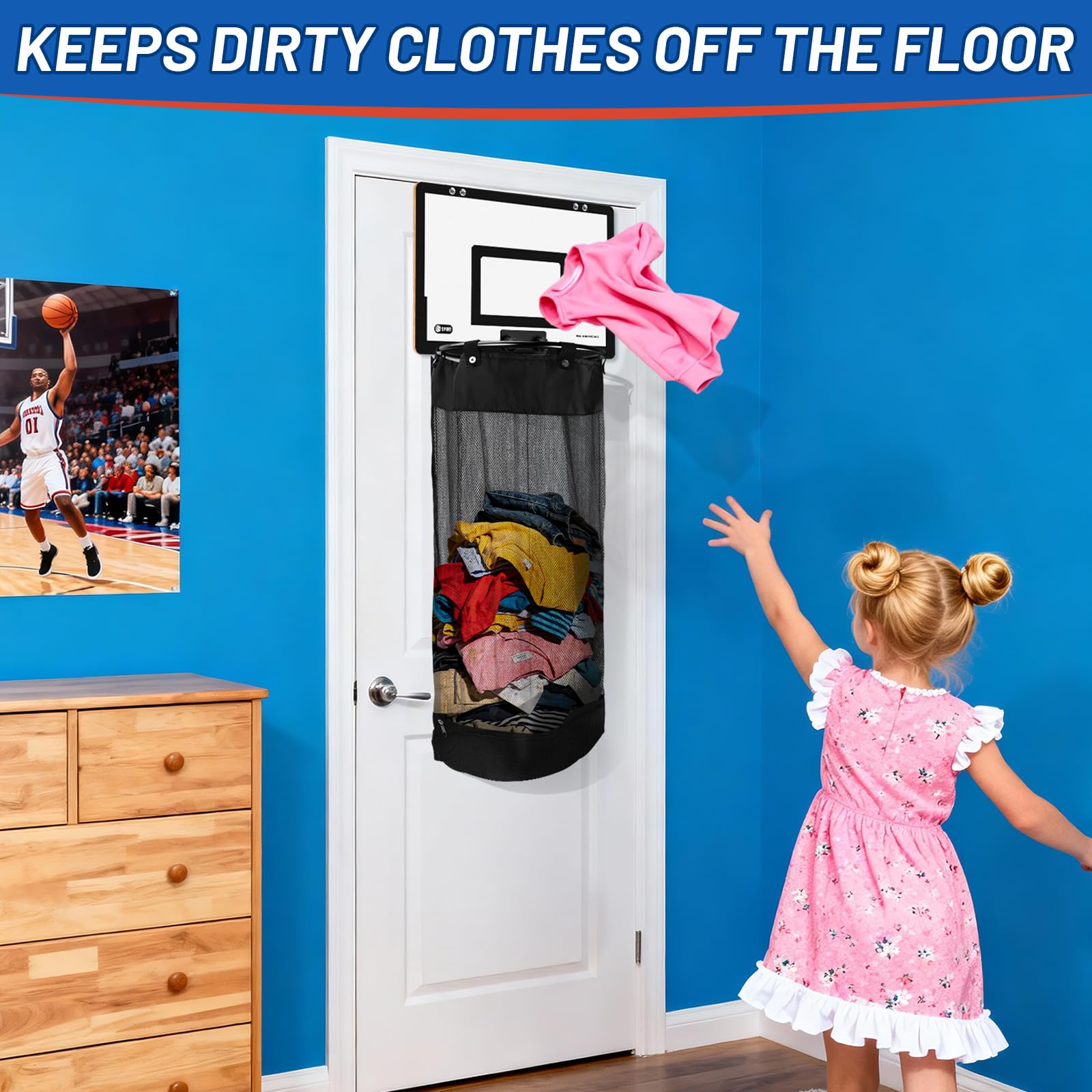 Basketballkorb und Basketballkorb über der Tür, 2-in-1 Holz-Sportwäsche/Wäschekorb mit Reifen und Reißverschluss unten, für Kinderzimmer, Teenager, Schlafzimmer, Schlafsaal, Badezimmer