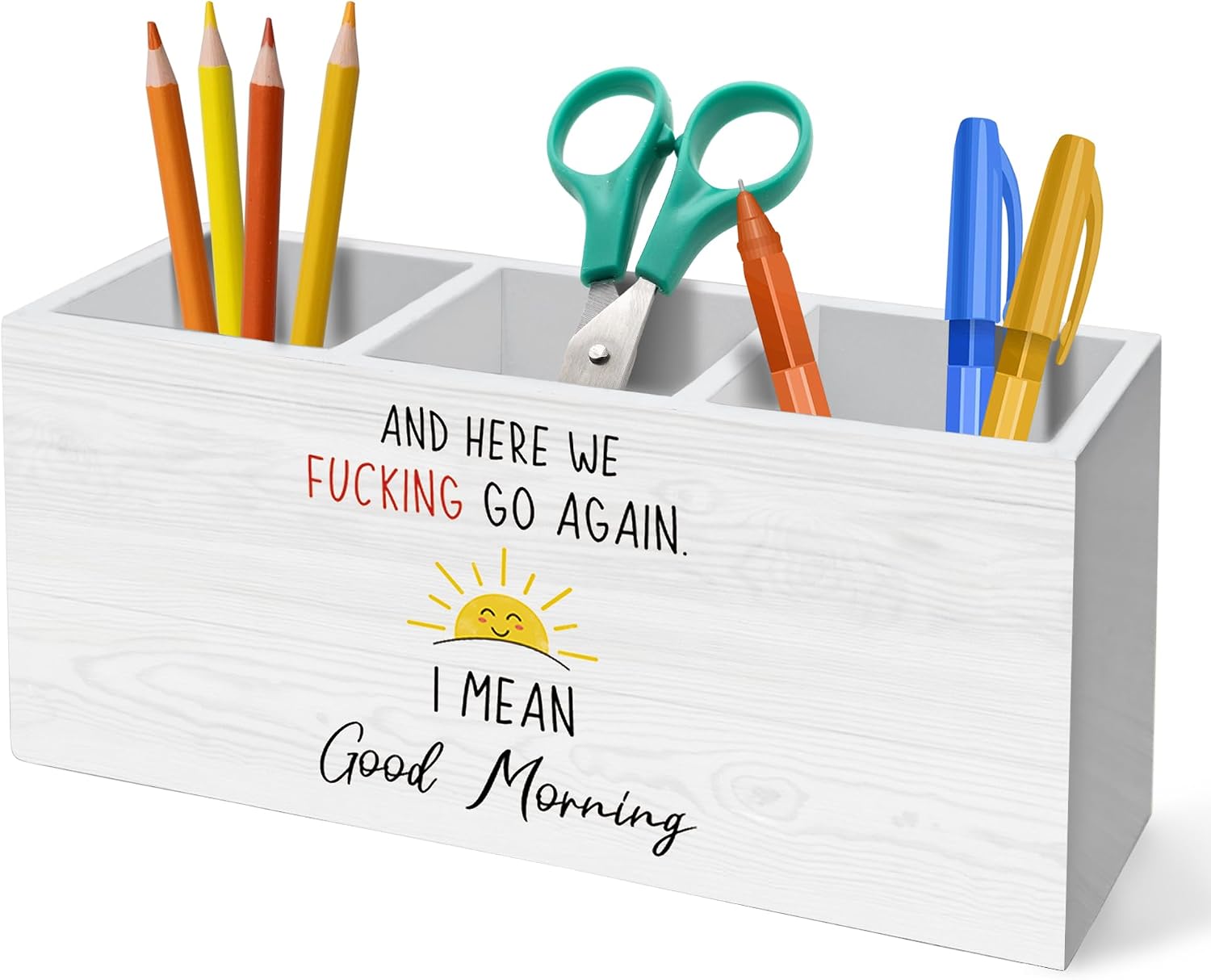 Funny Office Gifts Pen Holder for Desk Decoration, and Here We Go Again I Mean Good Morning Wooden Box Sign Pencil Holder Organizer for Home Office Desk Accessories, Funny Sarcastic Gifts