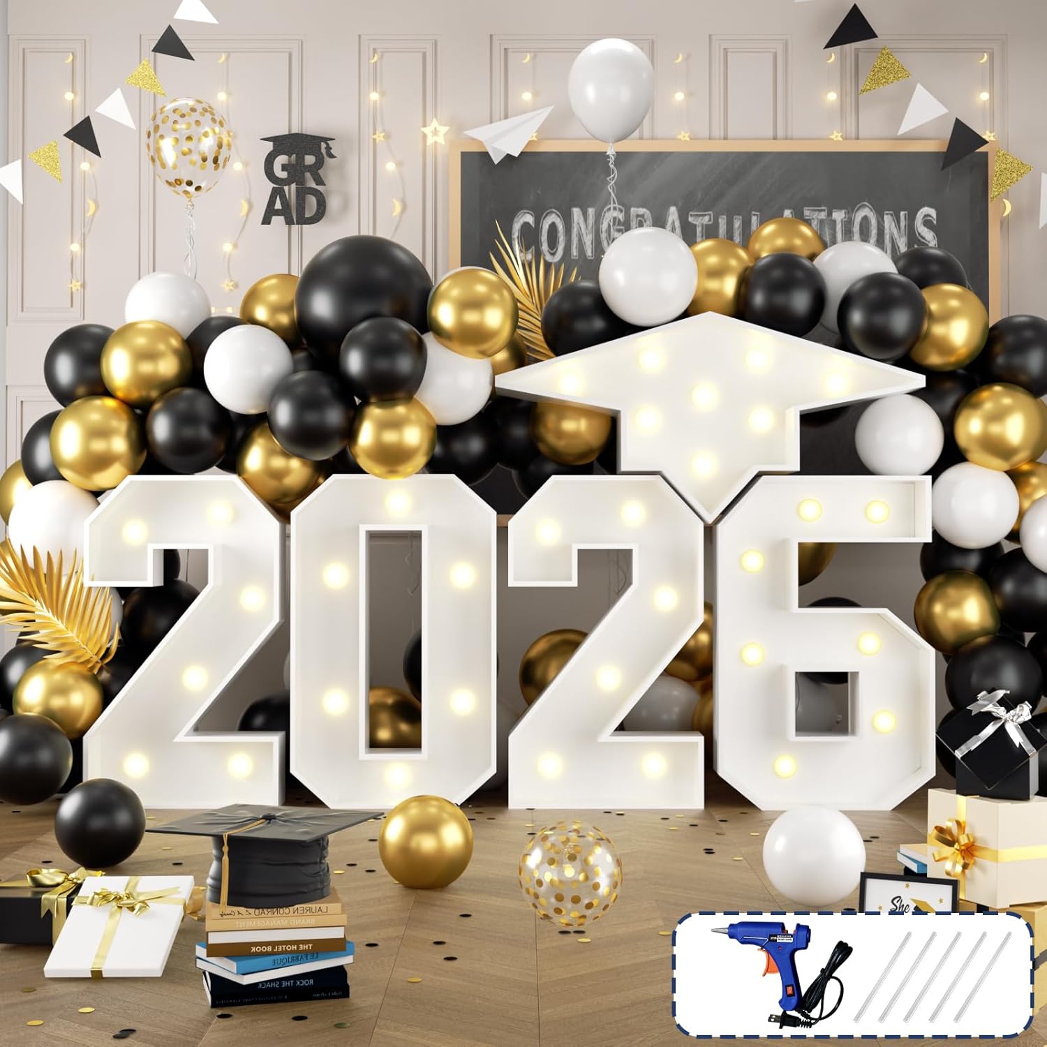 3FT Marquee Light Up Numbers 2026, Mosaic Frame White Giant Number with Bachelor's Hat Lights Mosaic Craft Kits DIY Frame for Graduation New Year Anniversary 2026 Party Graduations