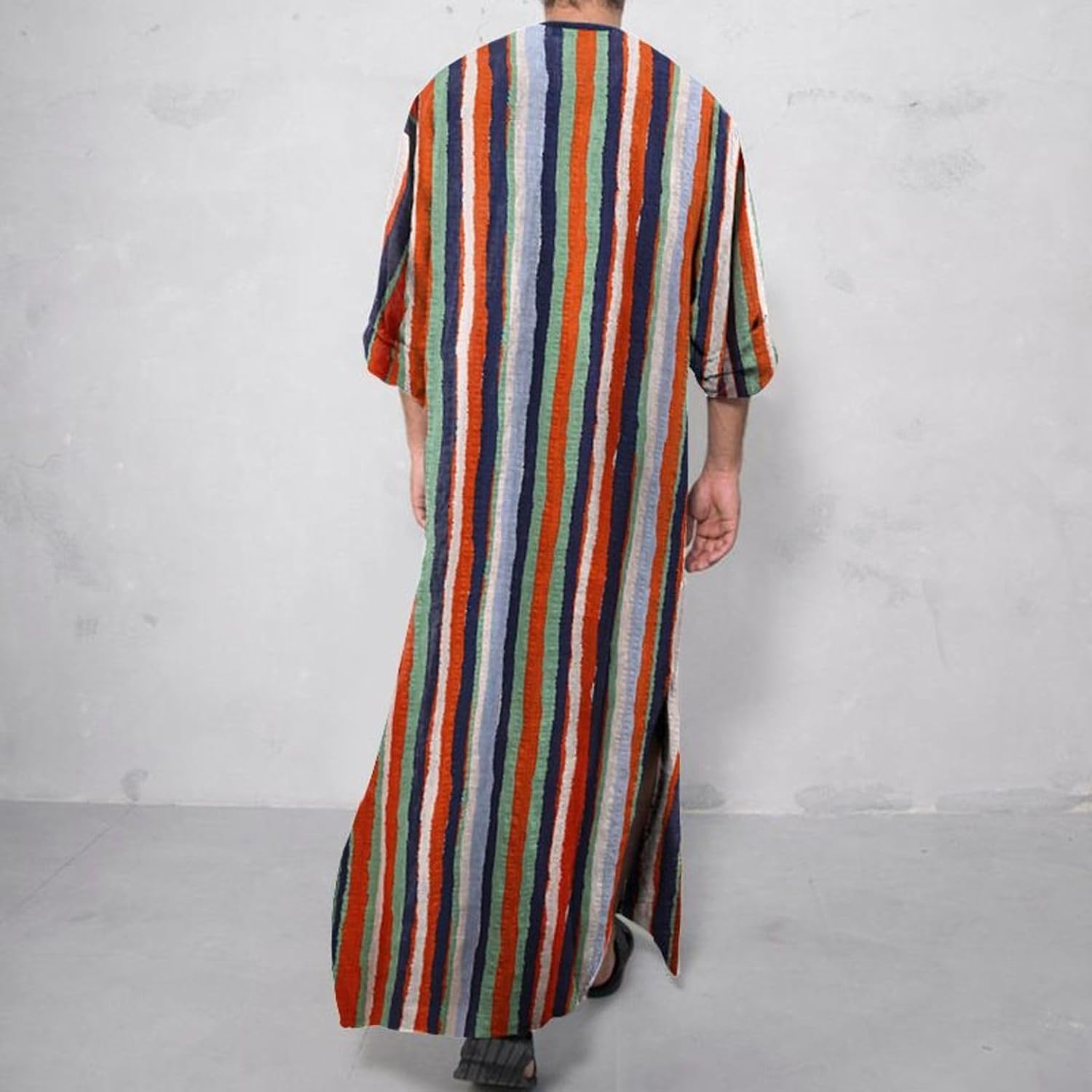 Men's Kaftan Robe 3/4 Sleeve Printed Long Gown | Cotton Nightshirts,Button UP,Nightshirt,Vintage Thobe,Side Split Thobes,with Pockets