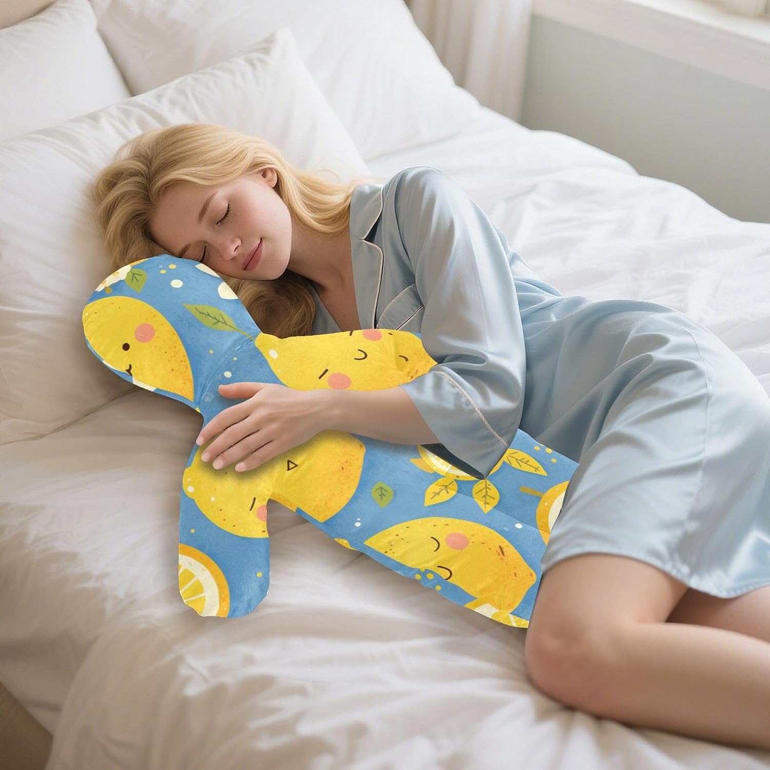 Full Length Body Pillow Fleece Material Sleeping Pillows Stress Relief for Kids Yelllow Lemon Blue Background