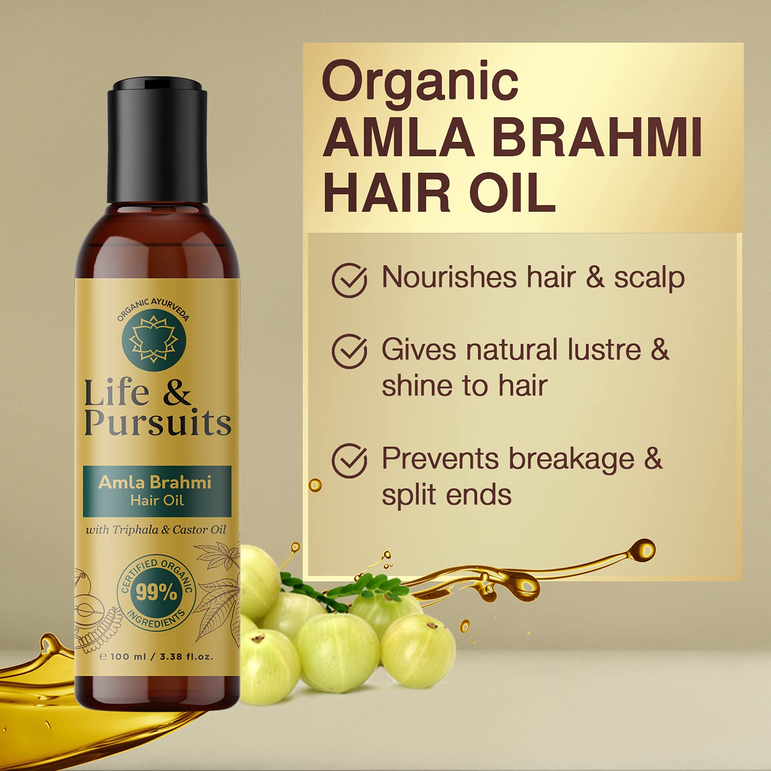 Life & Pursuits Amla Brahmi Hair Oil for Hair Growth 3.38 Oz Organic