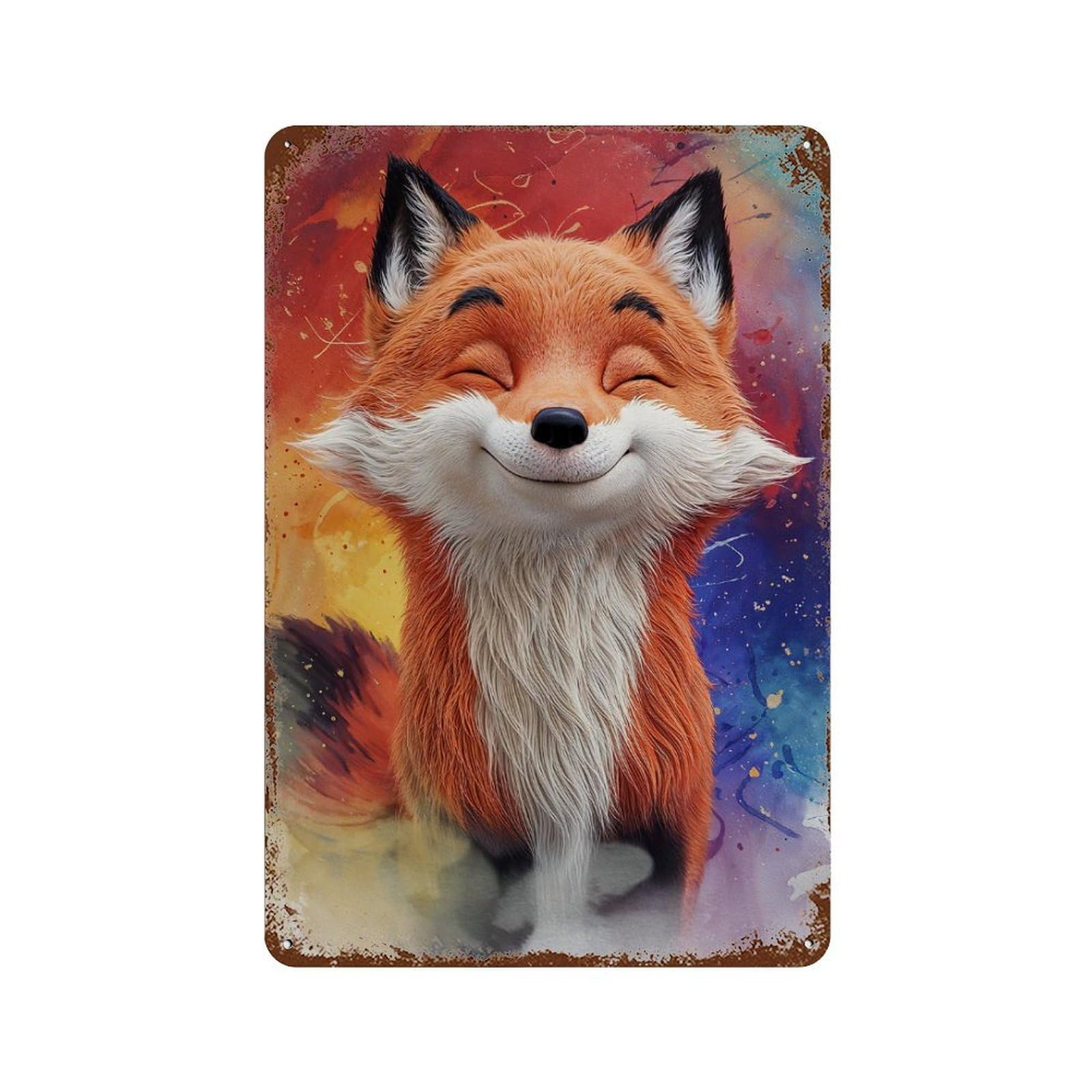 Smiling Cartoon Fox Mix 3D & Watercolor Distressed Metal Wall Sign 11.8"x7.9", Ideal for Patio, Garden Room And Bar Decor