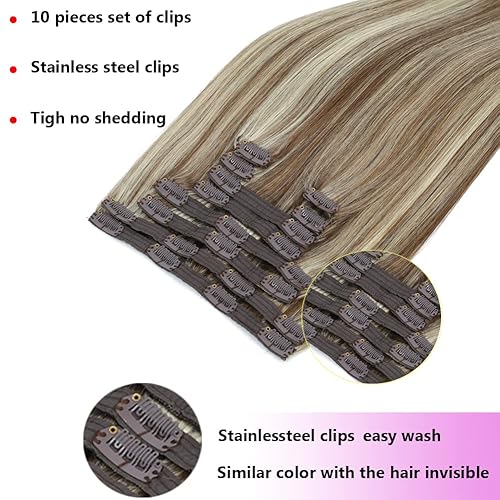 Miniatura 5 de Extensiones de cabello humano real con pinzas, balayage, color marrón chocolate a rubio sucio, mezcla de marrón, 14 pulgadas, 3.53 oz, 10 unidades