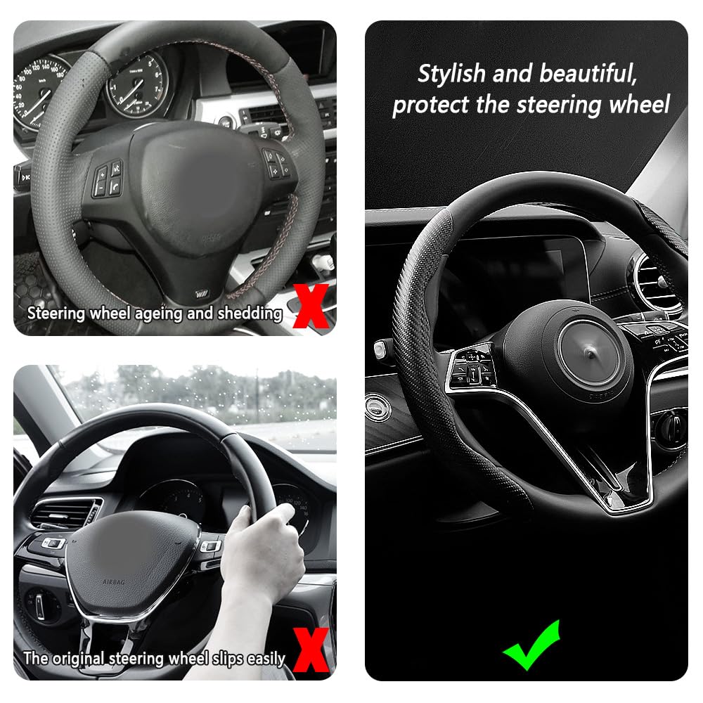 Fibra di Carbonio Coprivolante Auto,Sicuro e Antiscivolo Accessori Auto per Uomini e Donne,Universale 38cm Copri Volante per Auto,Coprimanubrio AAuto per Camion SUV (Nero)