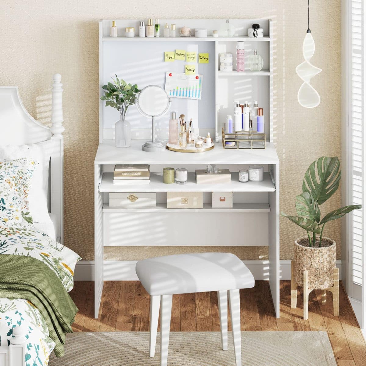 Ozone Furniture Engineering White Makeup Vanity Table with Storage Hutch | Home Office Use, Workstation-image-48