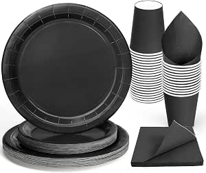 PARTY GO 96 Pcs Black Paper Plates, Party Plates Cups and Napkins ...