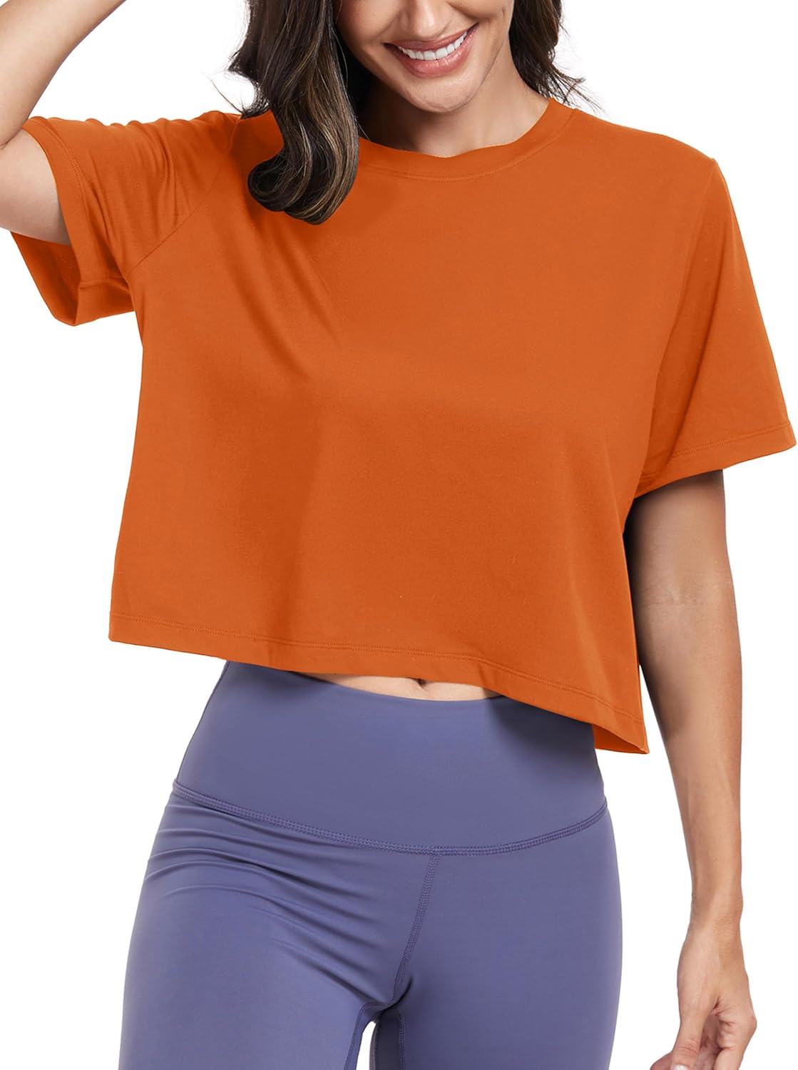 KevaMolly Workout Crop Tops for Women Loose Fit UPF50+ Breathable Yoga T Shirts Running Athletic Cropped Workout Tops