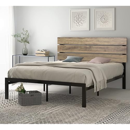 SHA CERLIN Full Size Bed Frame, Metal Platform Bed with Wooden Headboard and Strong Metal Slats, Mattress Foundation, Rustic Country Style, No Box Spring Needed, Easy Assembly, Light Brown