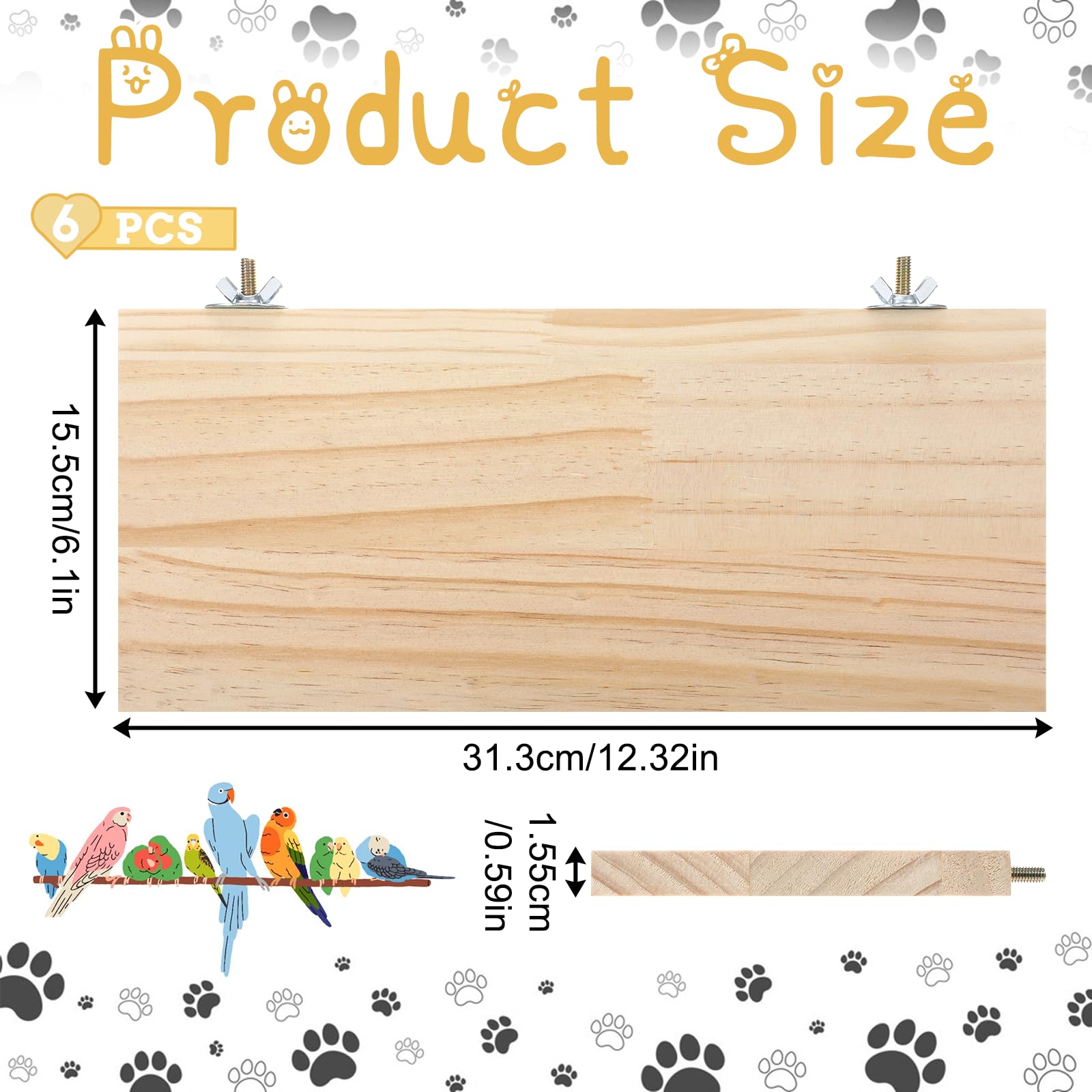 Lot de 6 supports rectangulaires en bois pour perchoir pour perroquet, perruche, calopsitte, hamster, chinchilla, gerbille