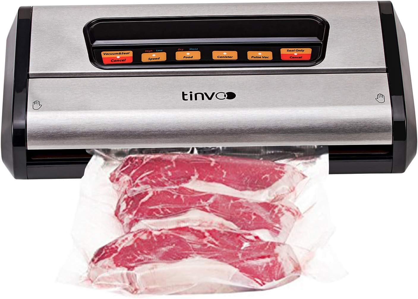 TINVOO Vacuum Sealer Machine, 8-in-1 Multi-Function Food Sealer for Food Saver, w/Starter Kit|Dry&Moist Modes|Led Indicator Lights|Stainless Stee|Built-In Storage & Cutter & mobile drip tray, Silver