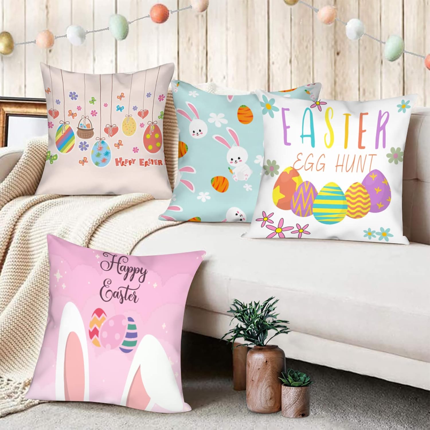 Jbralid Easter Throw Pillow Covers Cartoon Easter Bunny Eggs Decorative Pillowcase Cotton Pillow Cushion Case for Living Room Sofa Couch 26x26 Inch Set of 4, White Blue Pink