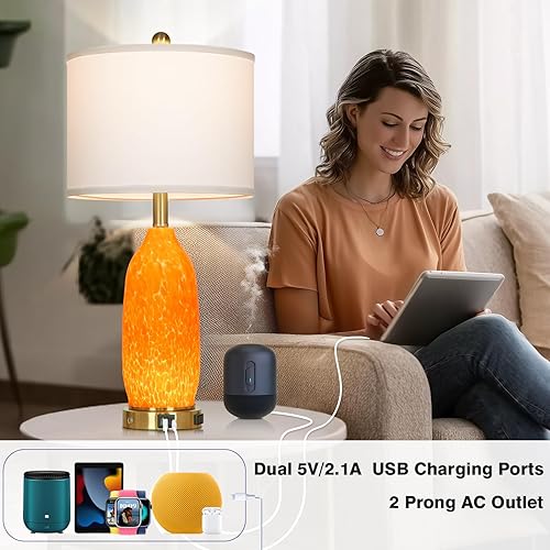 Miniatura 3 de Juego de 2 lámparas de mesa modernas de cristal naranja de 26 pulgadas, lámparas de noche con puertos USB A+C y salida de CA, lámpara de mesita de