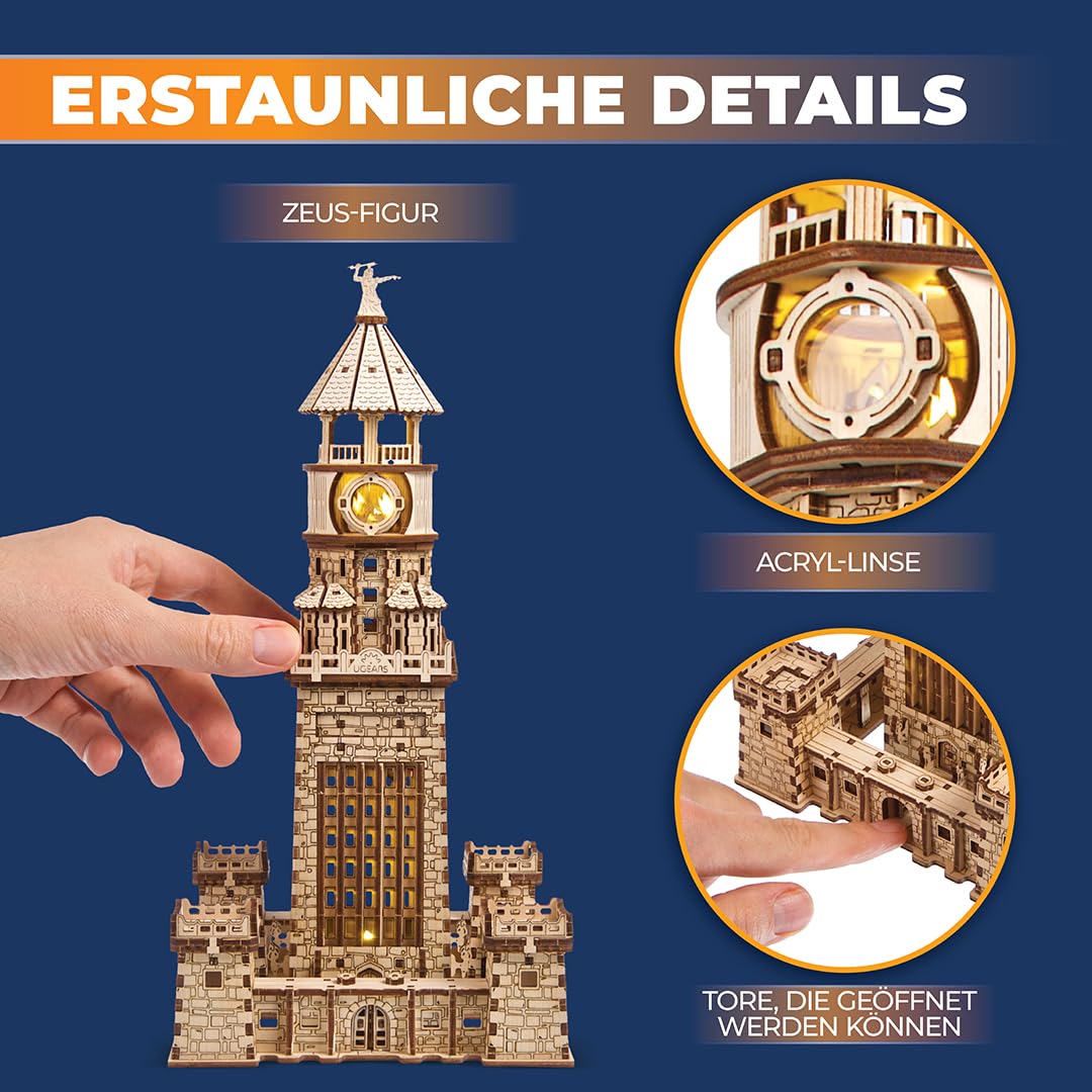 UGEARS Leuchtturm von Alexandria 3D Puzzle - DIY-Bausätze für Erwachsene 3D Holzpuzzles für Erwachsene mit LED-Nachtlicht - Modellbausätze Bastelsets aus Holz 340 Teile