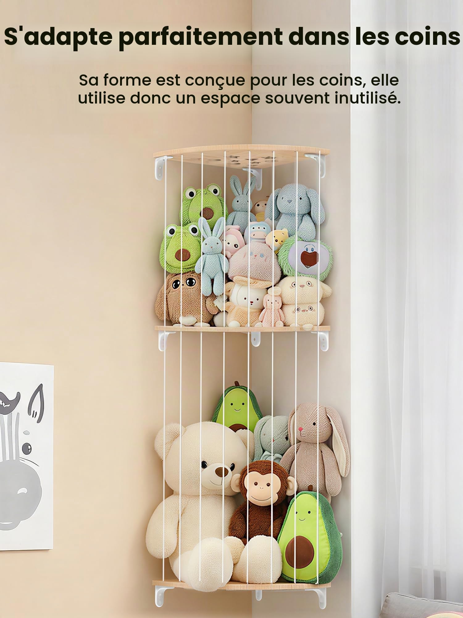 SUNMON Rangement Peluches Enfant, Rangement Peluche Mural, Hauteur Réglable de 110 à 180 cm, Conception à 2 Couche avec Sangles Elastiques, Étagère Murale pour Ranger Peluches