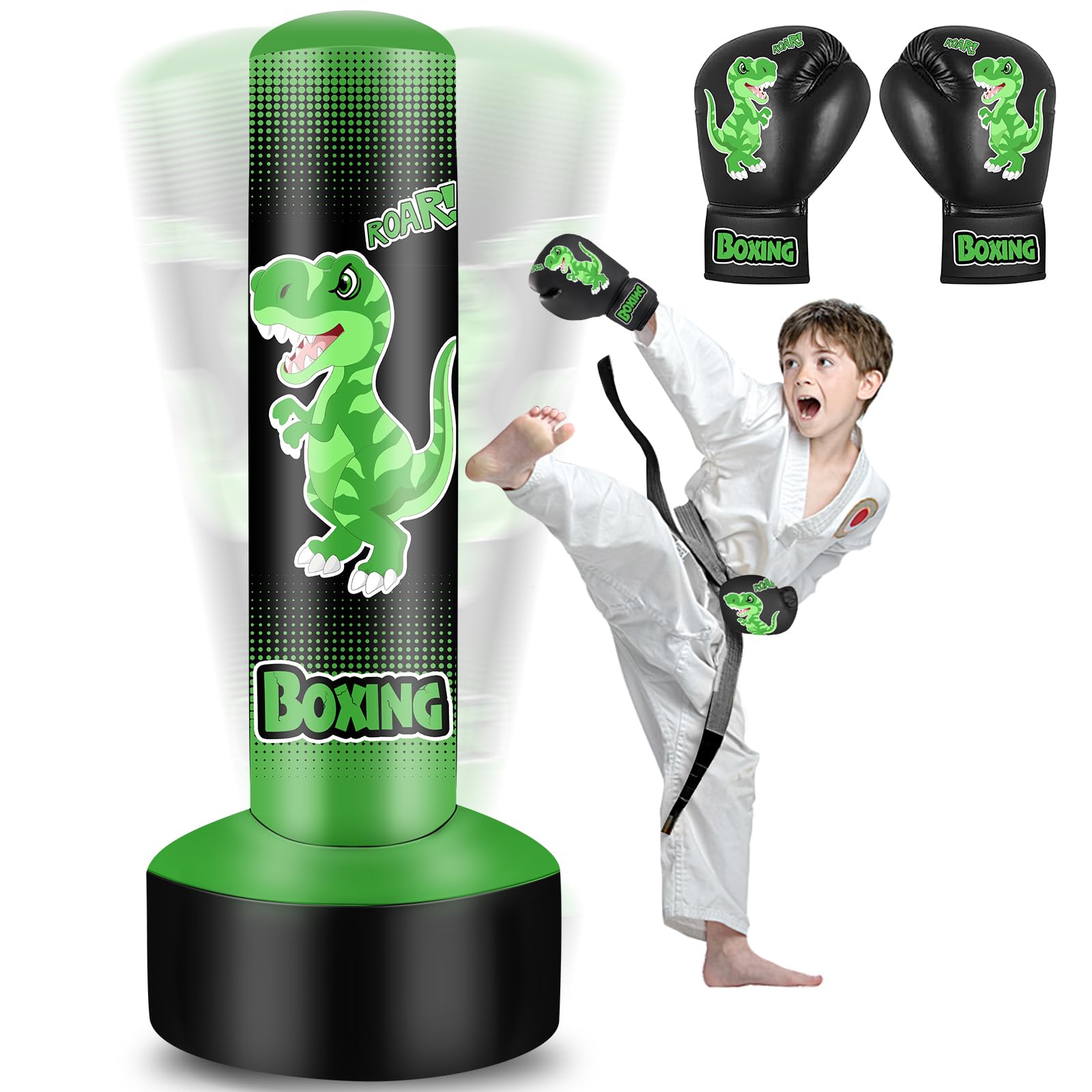 NZQXJXZ Sacco da Boxe Bambini- 165cm Gonfiabile con Guantoni da Sacco Boxe per la Pratica di MMA Karate Taekwondo e per Alleviare l'energia di Pent Up Pugilato Età 4-14 anni