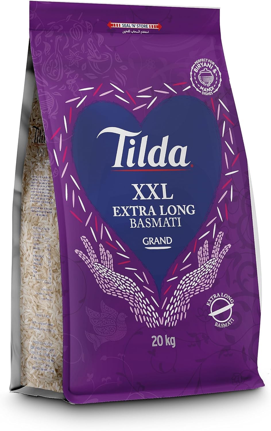 Tilda Grand Basmati ryż 20 kg – bardzo długi ryż Basmati klasy premium, idealny do biryani i polo – idealne ziarna z Himalajów, duże opakowanie na specjalne okazje z naklejką Kajal