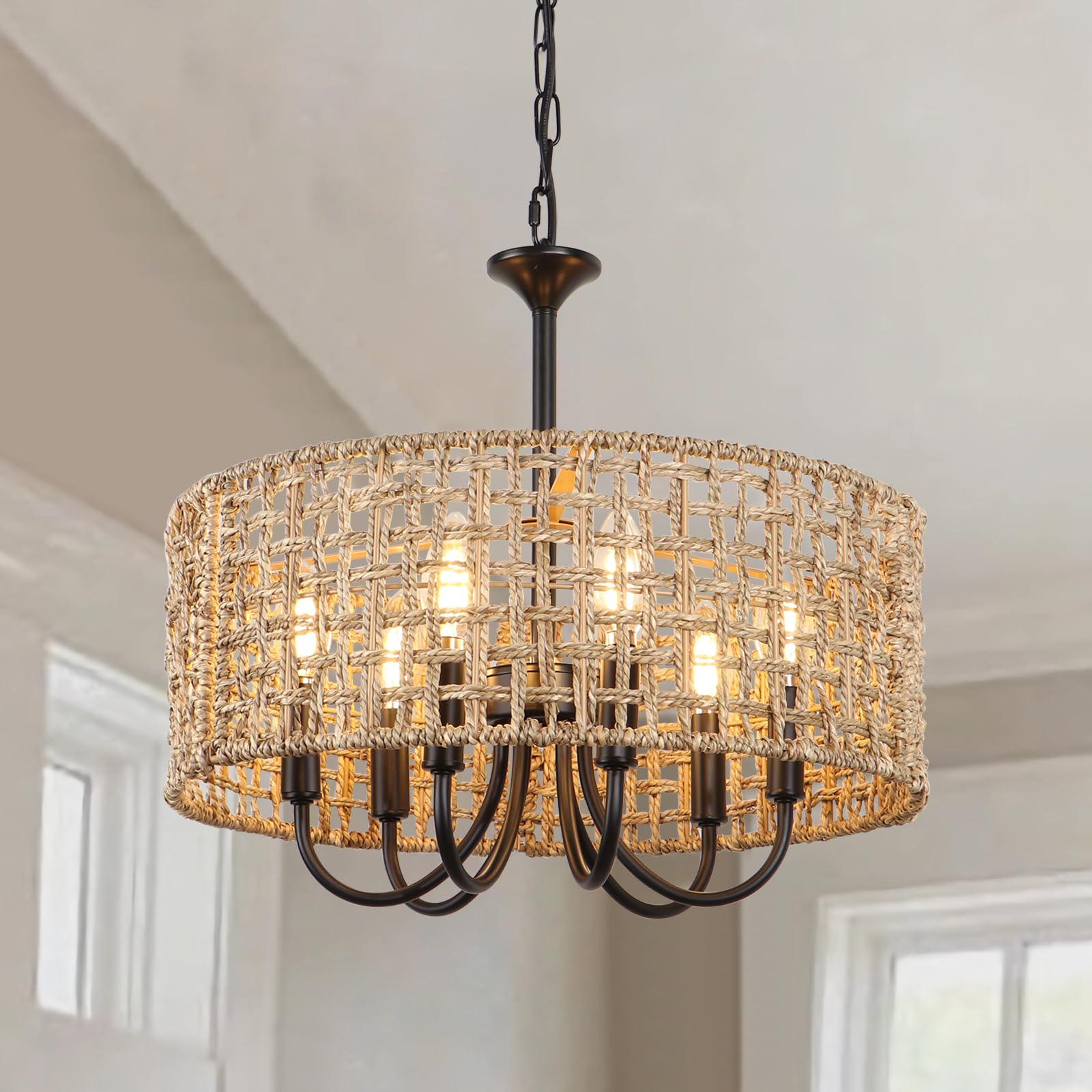 Photo 1 of LynPon 17.7" Black Rattan Boho Chandeliers Light Fixtures, 6-Light Farmhouse Hand-Woven Pendant Light with Wicker Shade, Vintage Coastal Hanging Light for Dining Room Living Room Kitchen Hallway