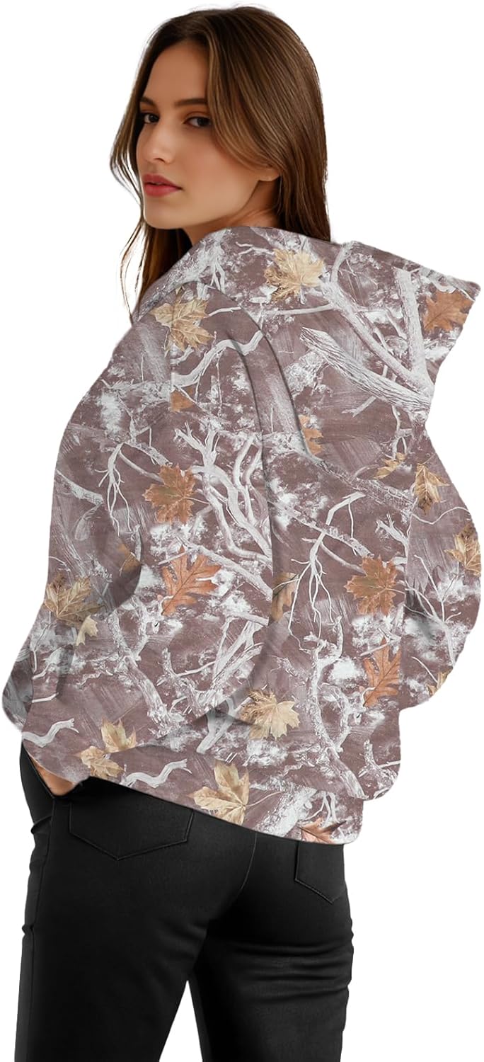 Womens Camo Hoodies Fleece Oversized Hooded Sweatshirts Fashion Tree Leaf Graphic Pullover Tops - Image 2