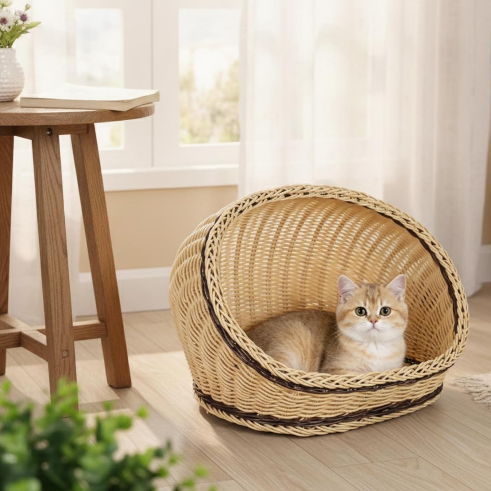 Semi Chiusa Cuccia in Fibra Intrecciata Materiali Ecologici Cuccia a Grotta per Cani Piccoli, Beige, L