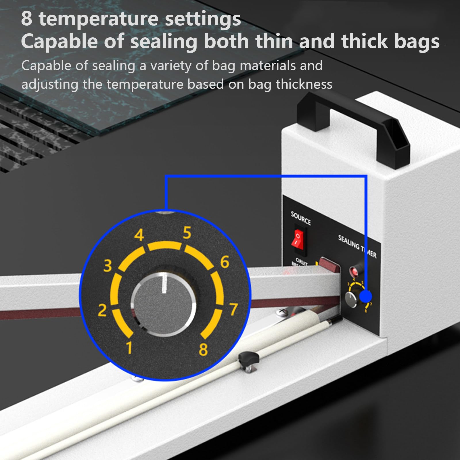 Sigillatrice a caldo portatile, macchina elettrica manuale per sigillare sacchetti, 8 impostazioni di temperatura, larghezza di tenuta regolabile 8 mm, ideale per uso domestico e artigianale, design